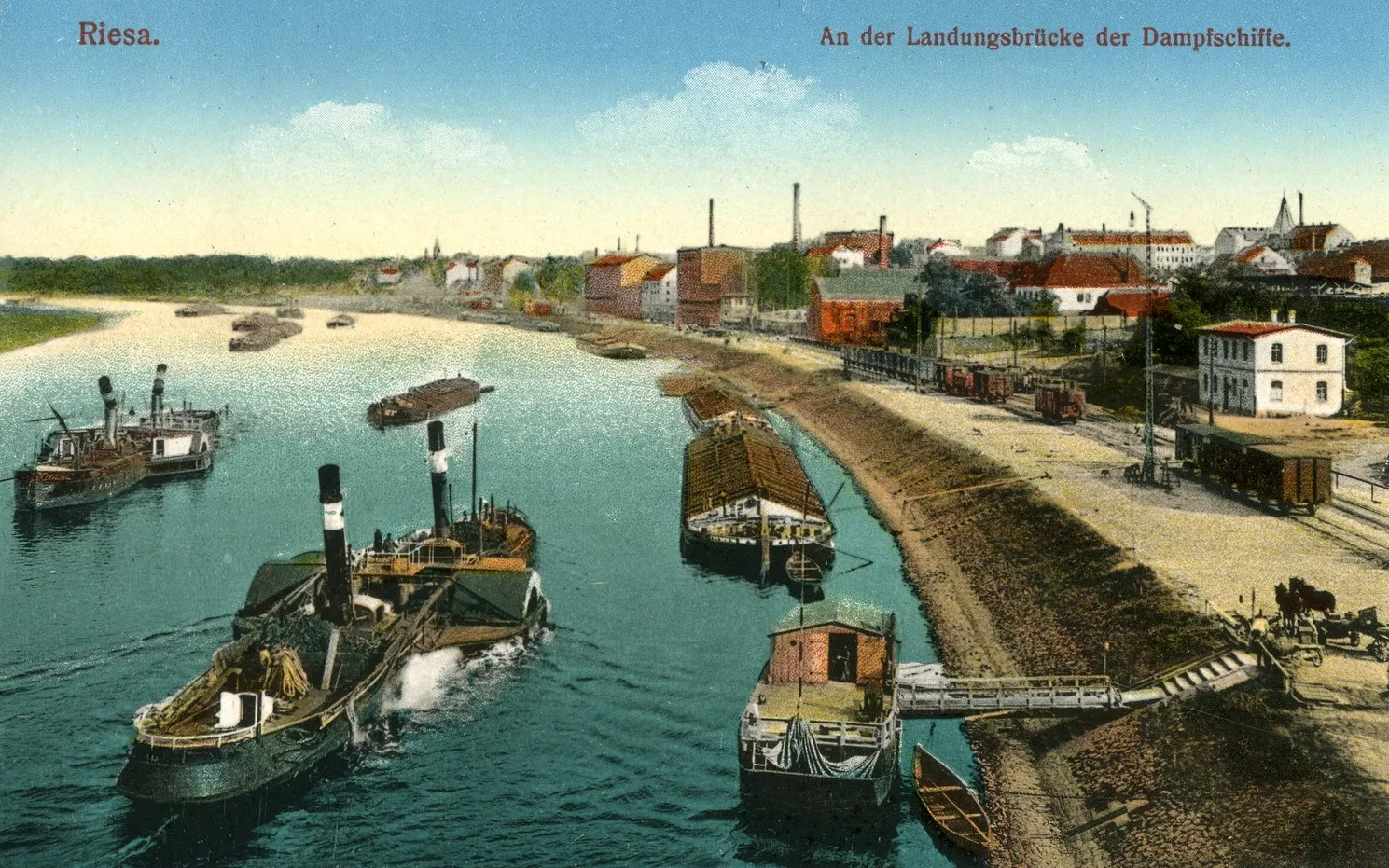 Photo showing: Riesa; Landungsbrücke mit Schleppern und Lastkähnen