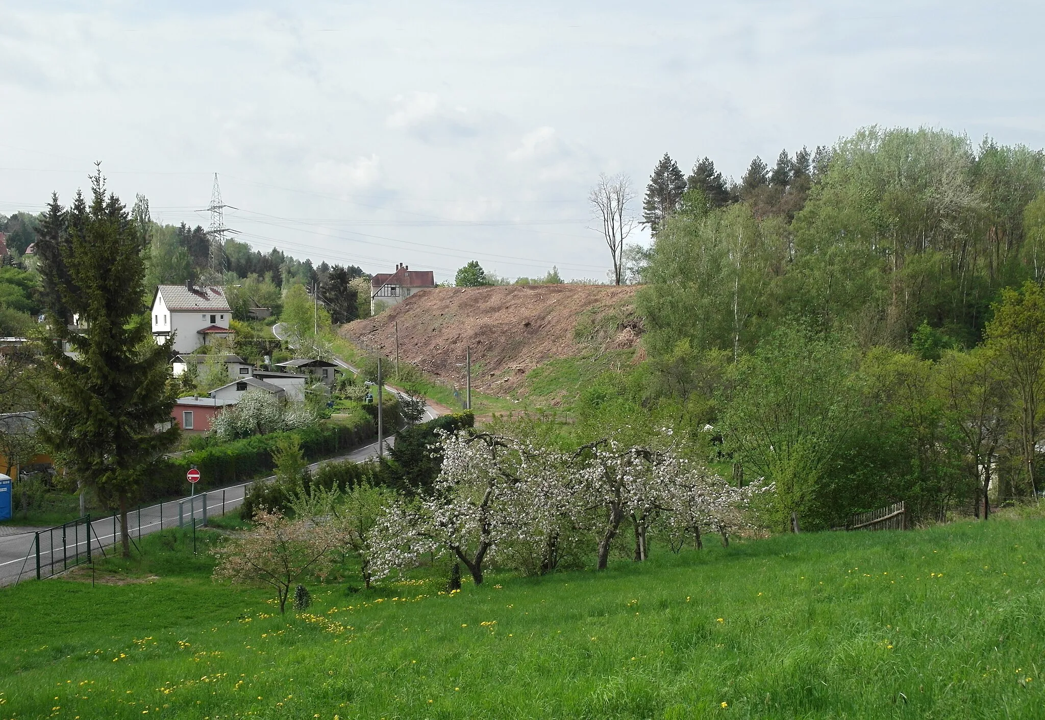 Photo showing: 24.04.2018   01189  Dresden-Coschütz: Collmberghalde (GMP: 51.017595,13.681798), eine alte, geschlossene Mülldemponie im Straßengeviert Heidenschanze / Potschappler Straße / Freitaler Straße und Birkigter Straße. Nach dem Ende des Uranbergbaus von 1949 bis 1953 durch die Wismut lagerte die Stadtreinigung zwischen 1965 und 1974  hier kommunalen Müll, Asche aus Kraftwerken und Bauschutt ab. Aber auch Reste von Uranerz sind darunter und führen zur Strahlenbelastung. Für 8 Millionen Euro soll die Halde bis 2022 saniert werden. Hier die Sicht von der Straße Heidenschanze 
(GMP: 51.017467,13.693650) nach Südwesten entlang der Freitaler Straße zum Rand der Halde. Dort wurde probeweise mit der Sanierung der Halde begonnen (Kahlschlag).                                                                                                                                                                    [SAM5446.JPG]20180424110DR.JPG(c)Blobelt+