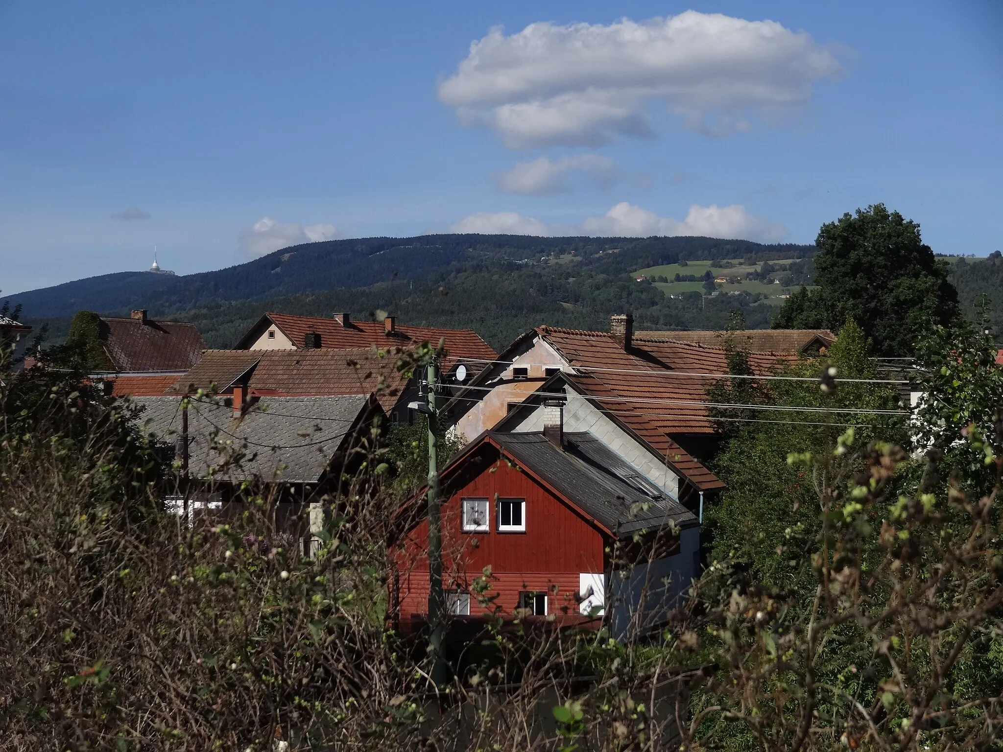 Photo showing: Petrašovice - celkový pohled na ves z hlavní silnice pod čp. 19, v popředí chalupa čp. 12