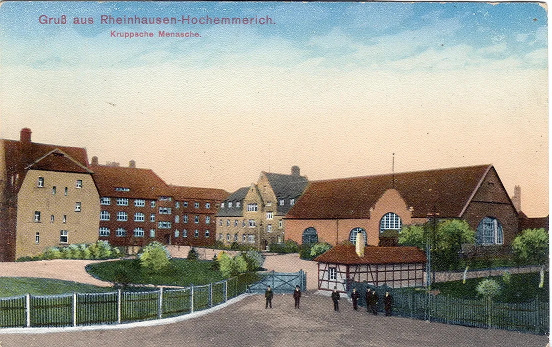 Photo showing: Postcard, undated ( ca. 1914 ). Title: "Greetings from Rheinhausen-Hochemmerich. Kruppsche Menasche."