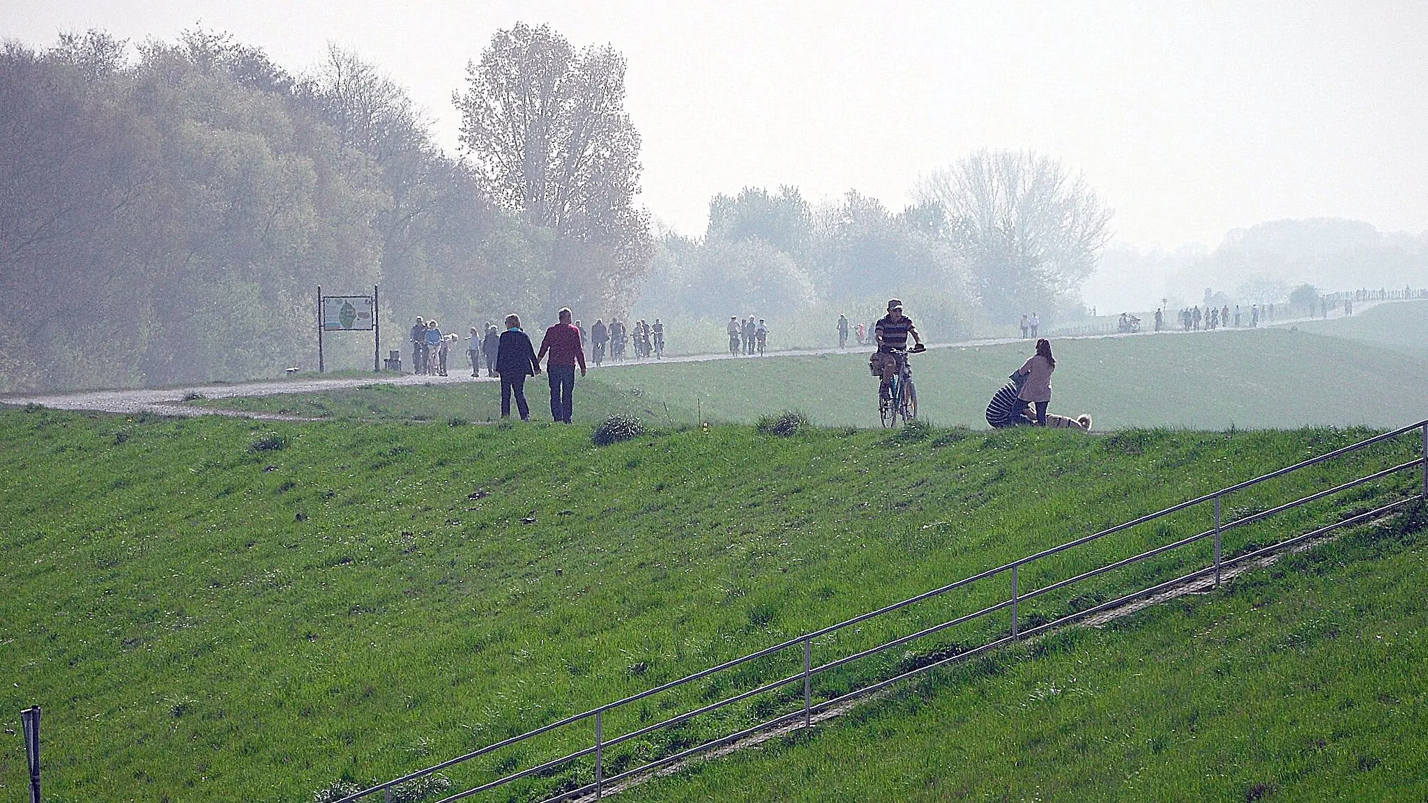 Photo showing: Dinslaken/Duisburg-Walsum: Rheindeich im Bereich Rheinaue Dinslaken-Walsum, südlich der Emschermündung, von Norden; April 2017