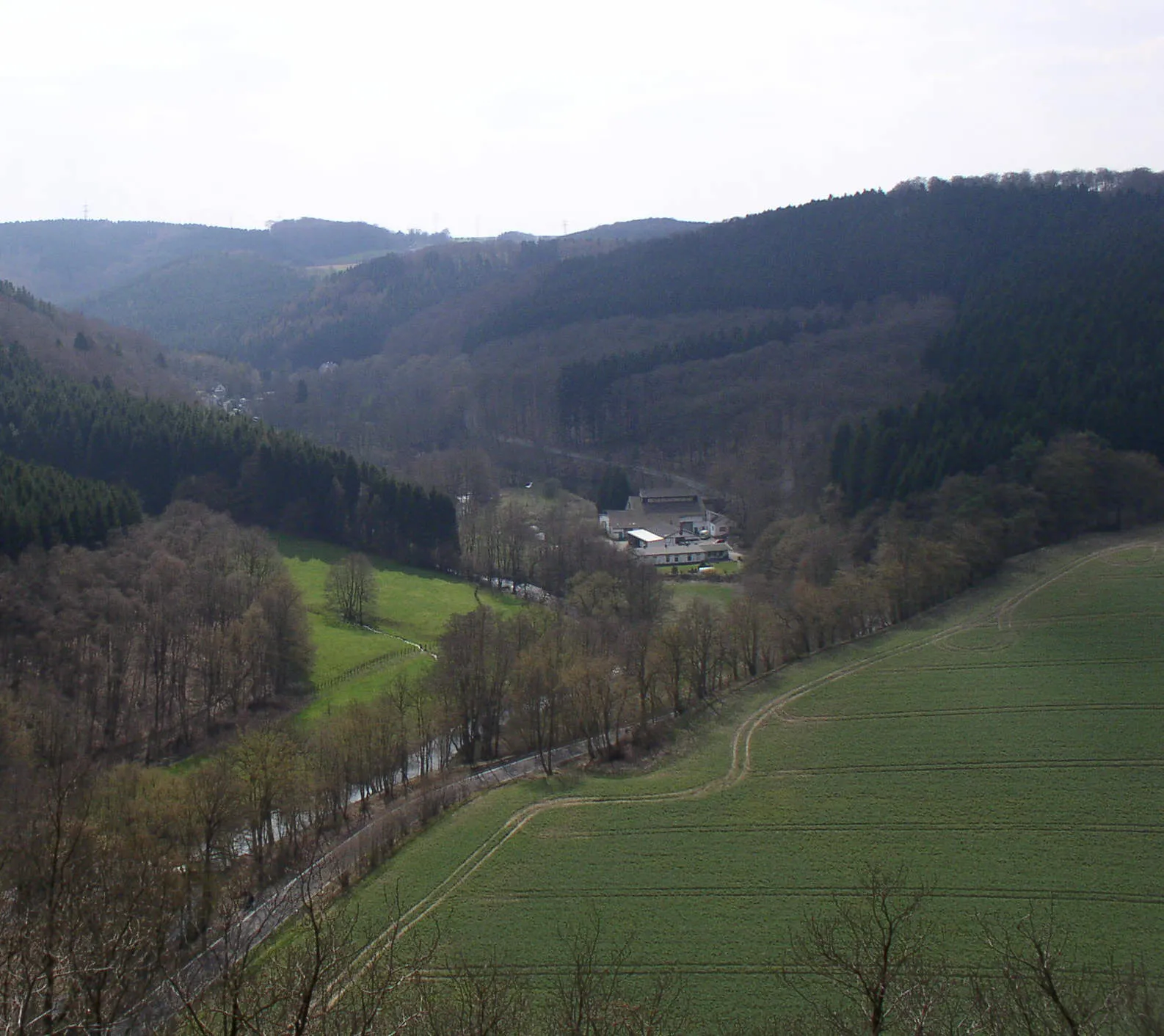 Photo showing: Blick vom Hohenstein nach Süden zum Alhauser Hammer (Bildmitte) an der Ennepe in Ennepetal; Fluss mit Aue im Naturschutzgebiet „Tal der Ennepe“ (NSG EN-028)