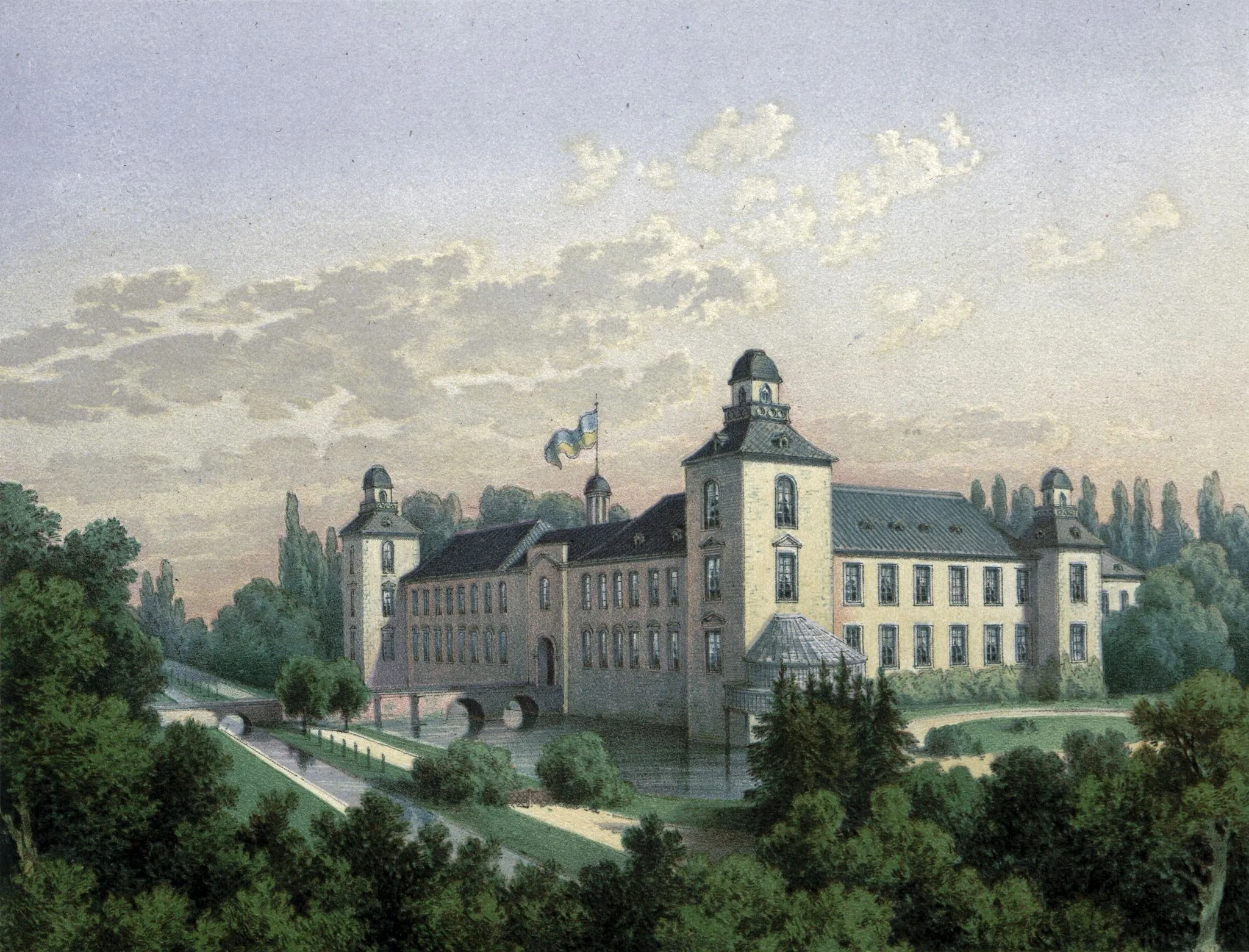 Photo showing: Schloss Kalkum, Lithografie aus dem 19. Jahrhundert
