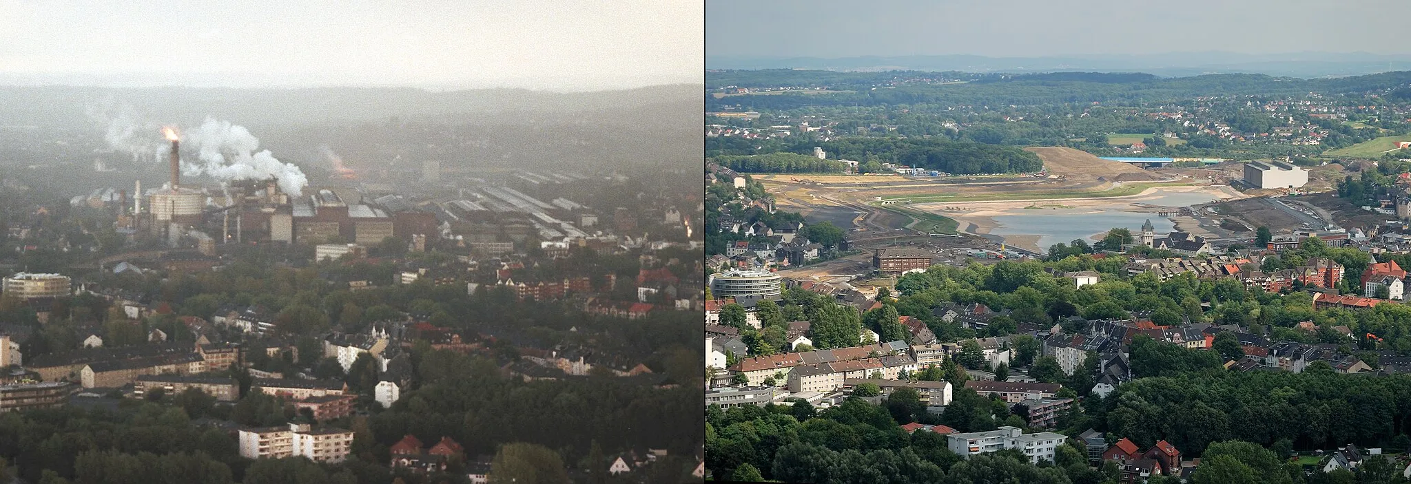 Photo showing: Westfalenpark in Dortmund, Blick vom Florianturm Richtung Westen, Dortmund-Hörde, früheres Werksgelände Hoesch, Phönixsee