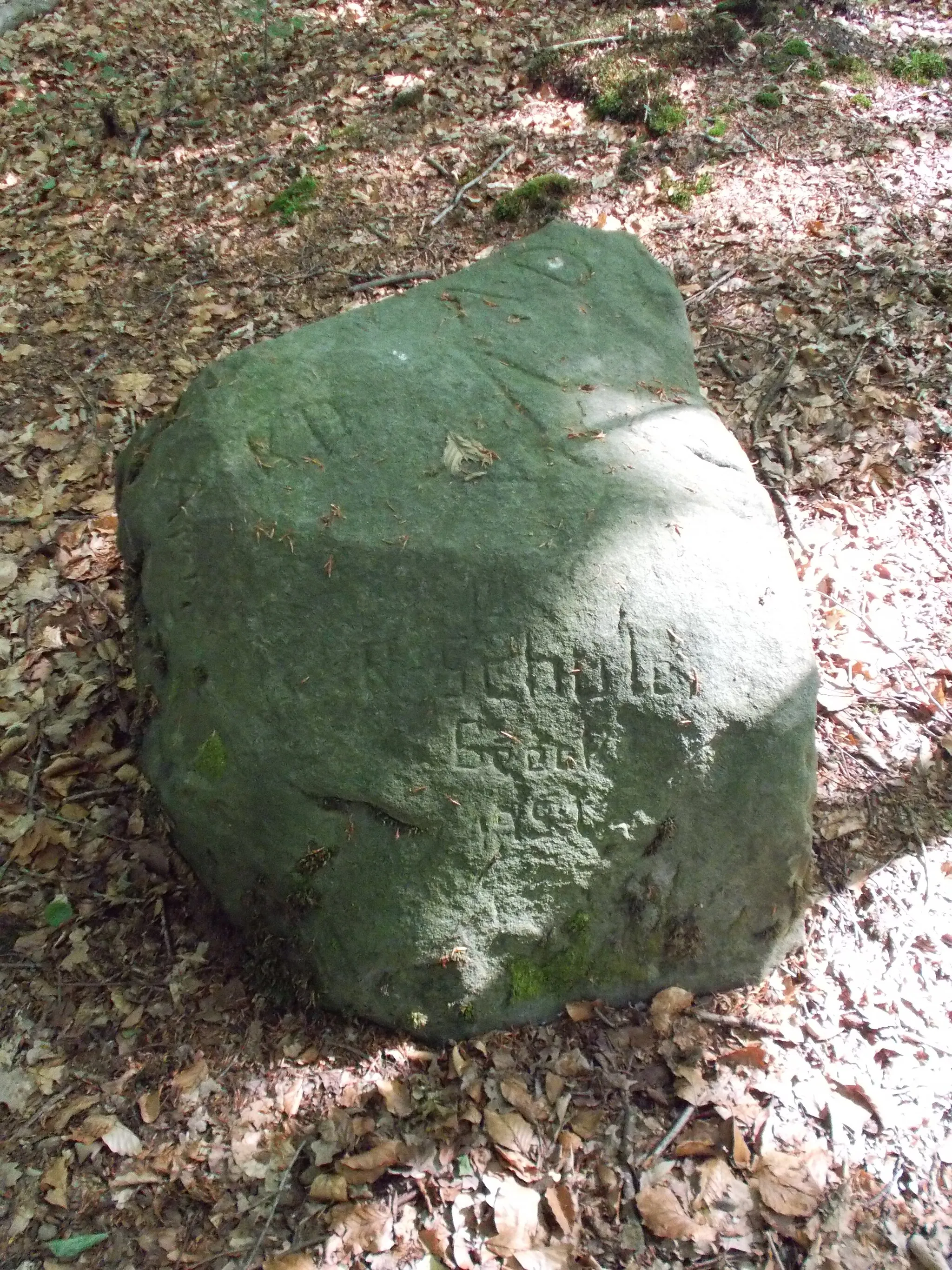 Photo showing: Naturdenkmal Teufelssteine am Teufelssteinweg im Hünxer Wald. Auf dem kleinen Teufelsstein hat sich nicht nur eine Schulklasse verewigt.