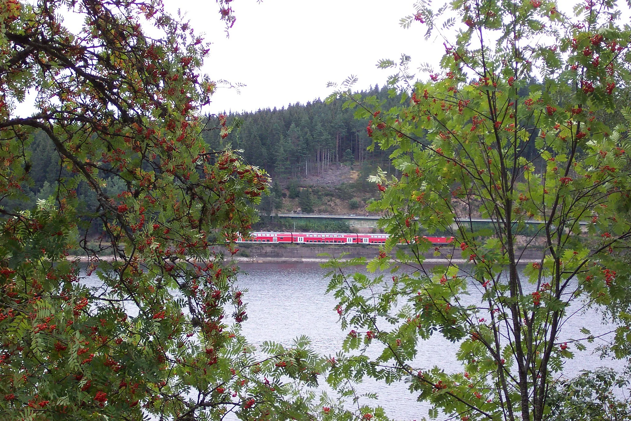 Photo showing: Blick auf einen Zug der Dreiseenbahn am gegenüberliegenden Ufer.