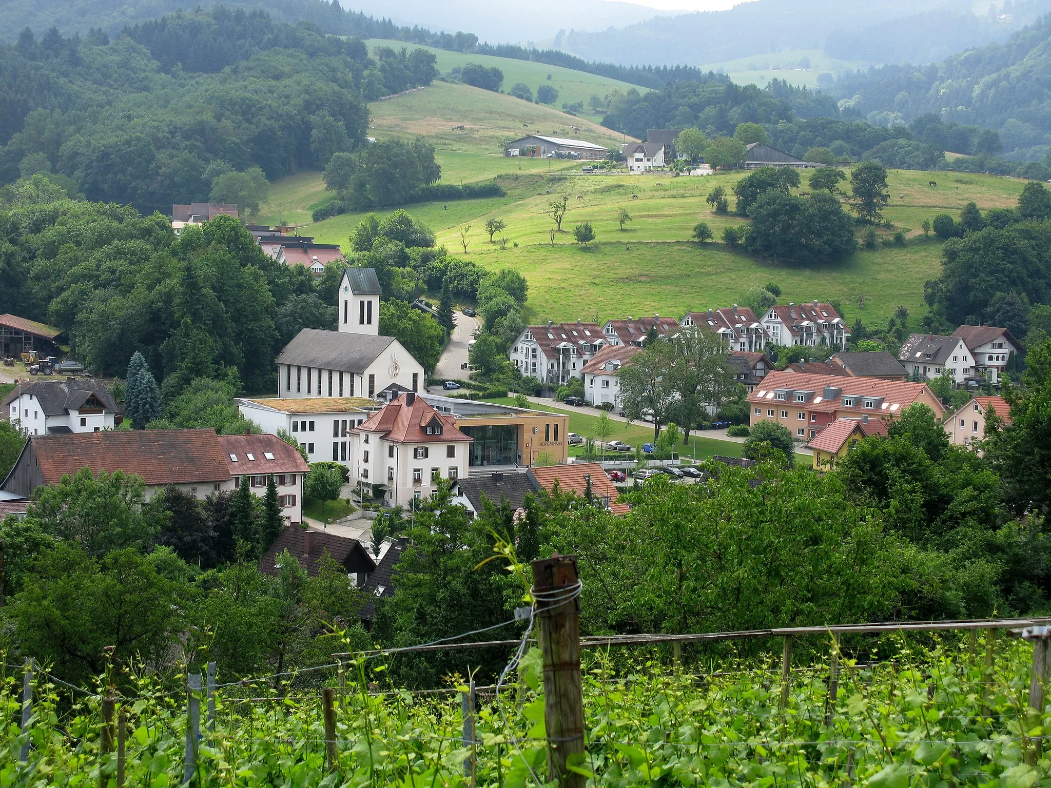 Photo showing: Au vom Bettlerpfad mit Rathaus, Bürgerhaus und Kirche St. Johannes (hintereinander)