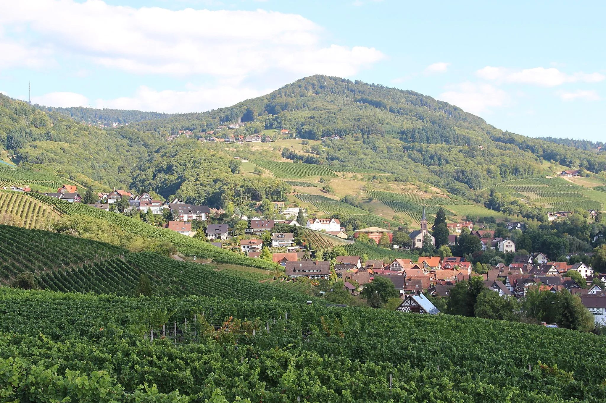 Photo showing: Village of Sasbachwalden as seen from Schelzberg. On the top of the Mountains to the left side sits the radio tower on the Hornisgrinde