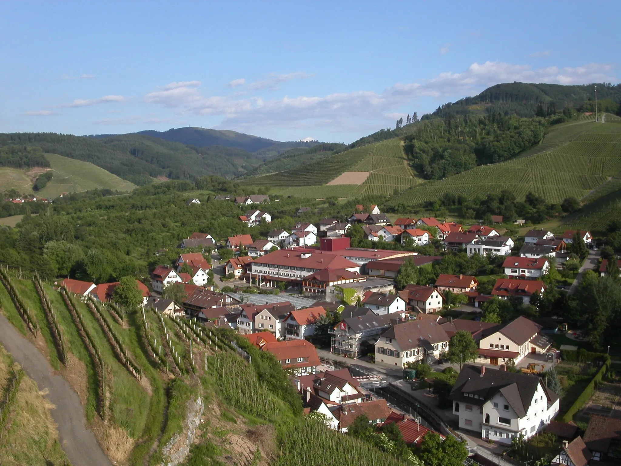 Photo showing: Östlicher Teil von Durbach, Blick vom Weinlehrpfad. In der Mitte das Hauptgebäude der Winzergenossenschaft.