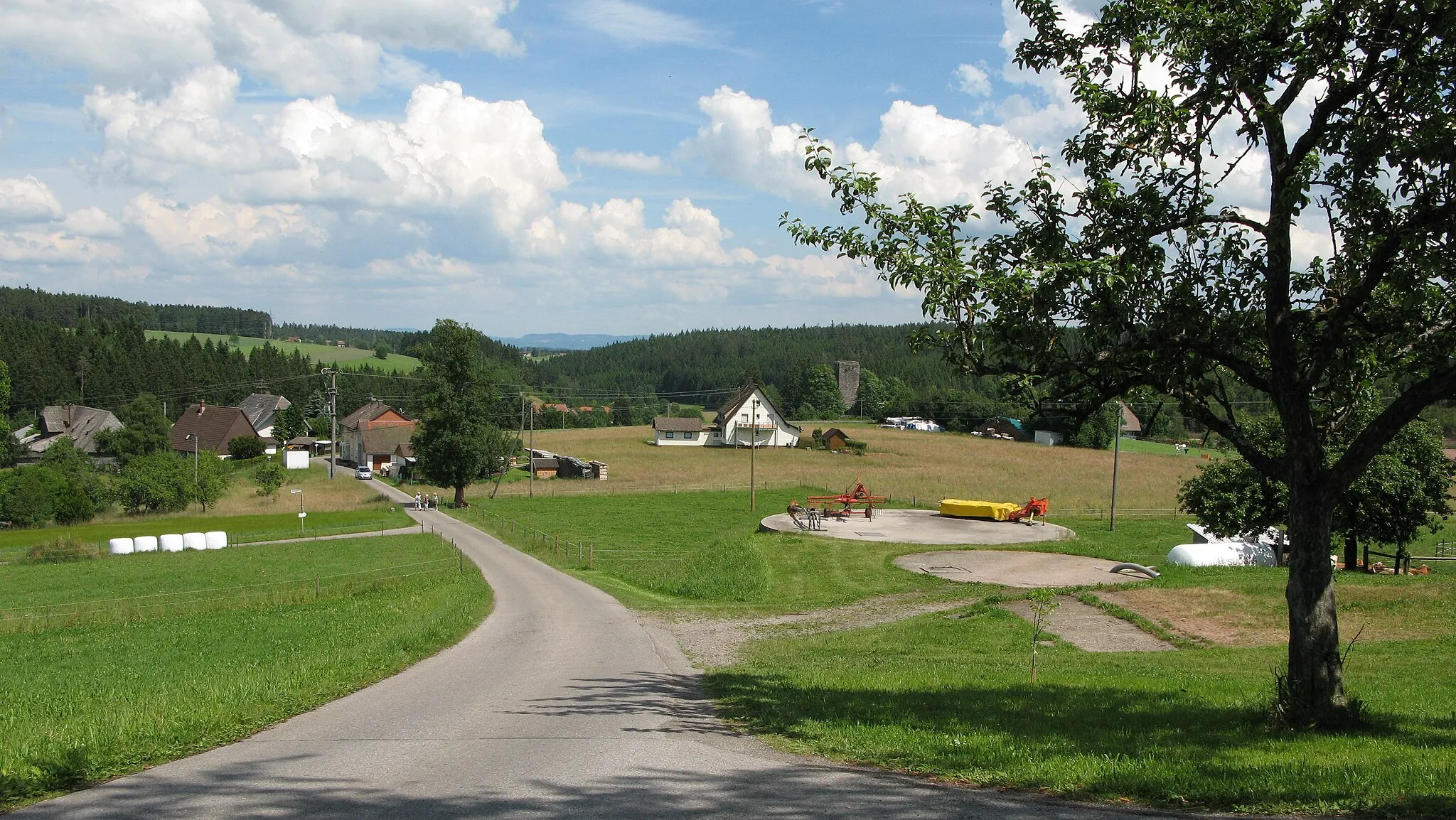 Photo showing: Blick oberhalb der Ortschaft Martinsweiler (Königsfeld im Schwarzwald) in östlicher Richtung zur Ruine Waldau und Schwäbische Alb auf dem Schwarzwald-Querweg Rottweil–Lahr im Schwarzwald.