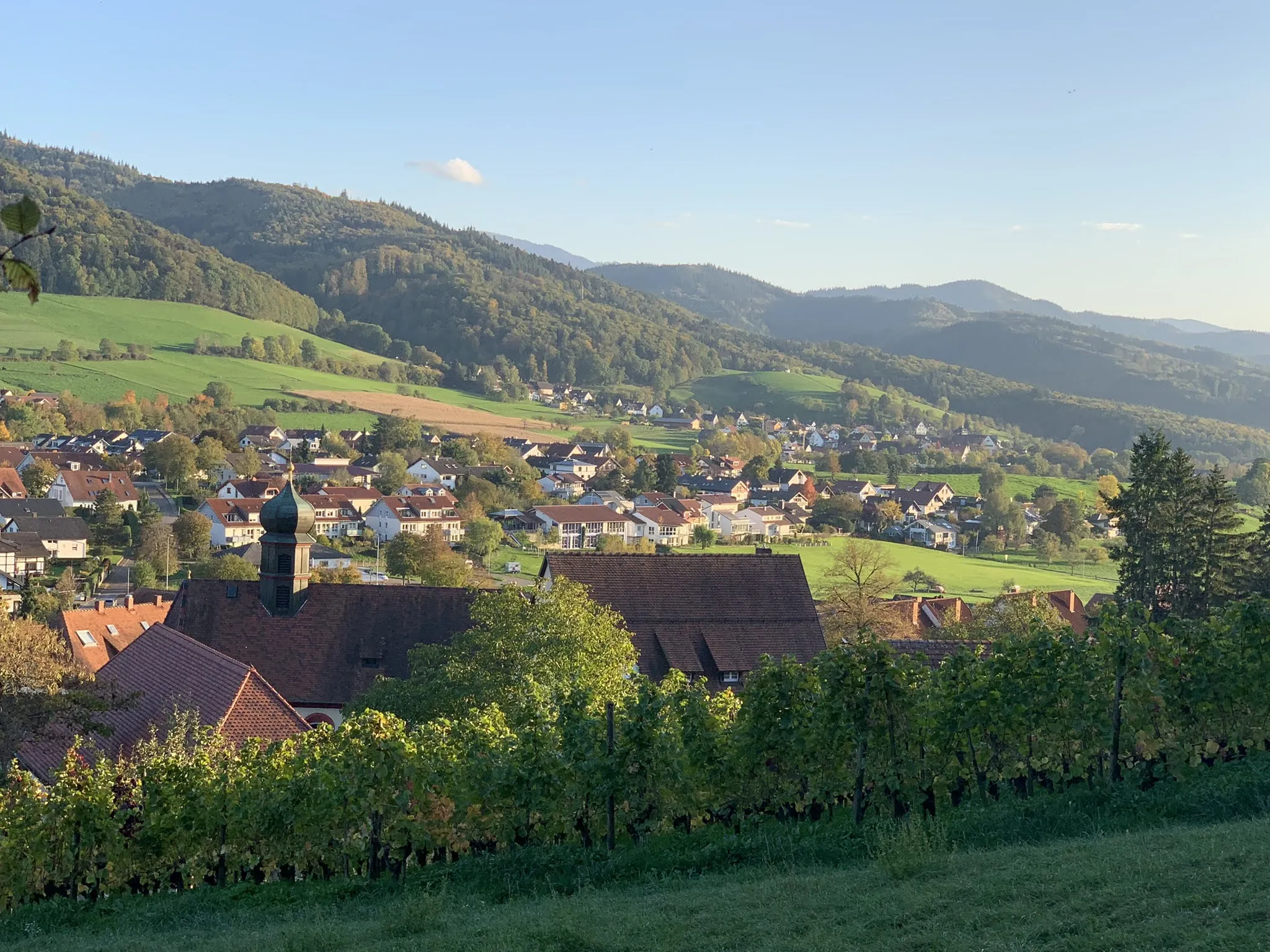 Photo showing: In the foreground the church of the Assumption of Mary in Wittnau, behind it the village spreading across Hexental, farther on the village of Sölden. The view is S.