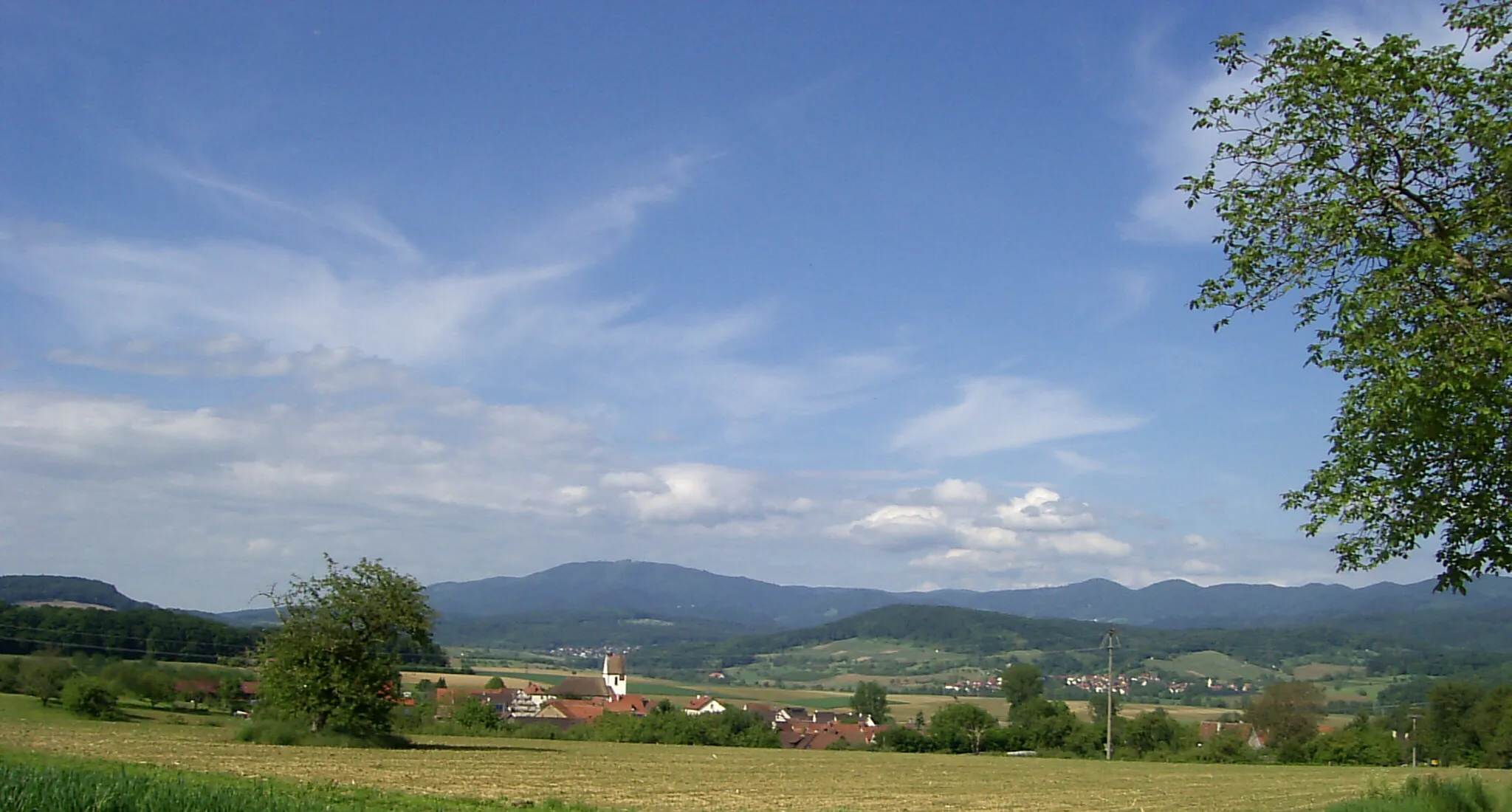 Photo showing: Blick über Mappach und das Feuerbachtal zum Hochblauen, halbrechts im Hintergrund der Weiler Maugenhard