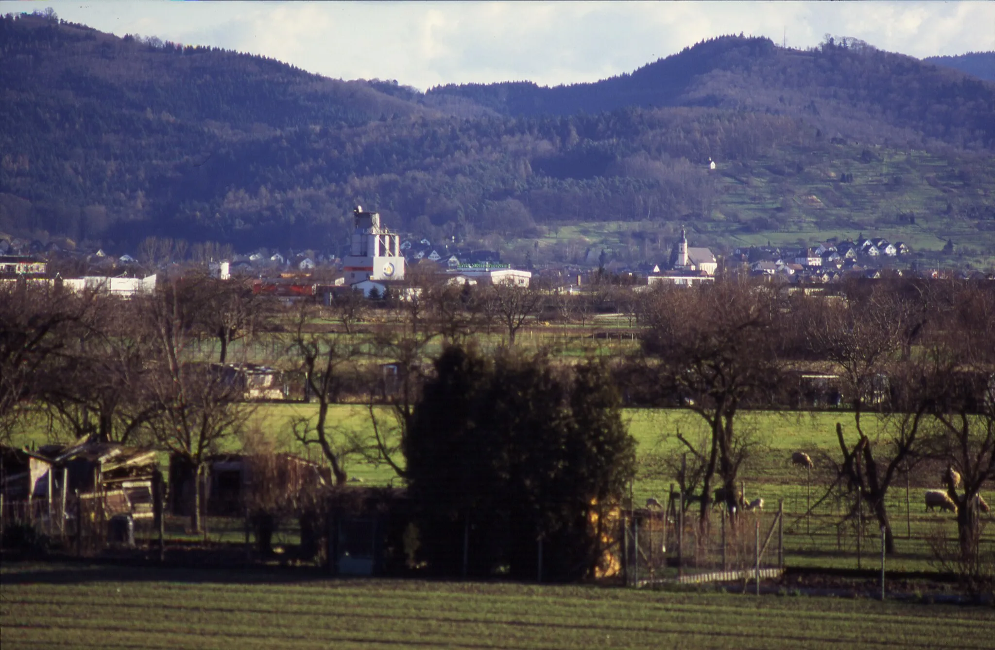 Photo showing: Offenburg im März 1995. Blick vom Südring nach Elgersweier und zum Bellenwald.
