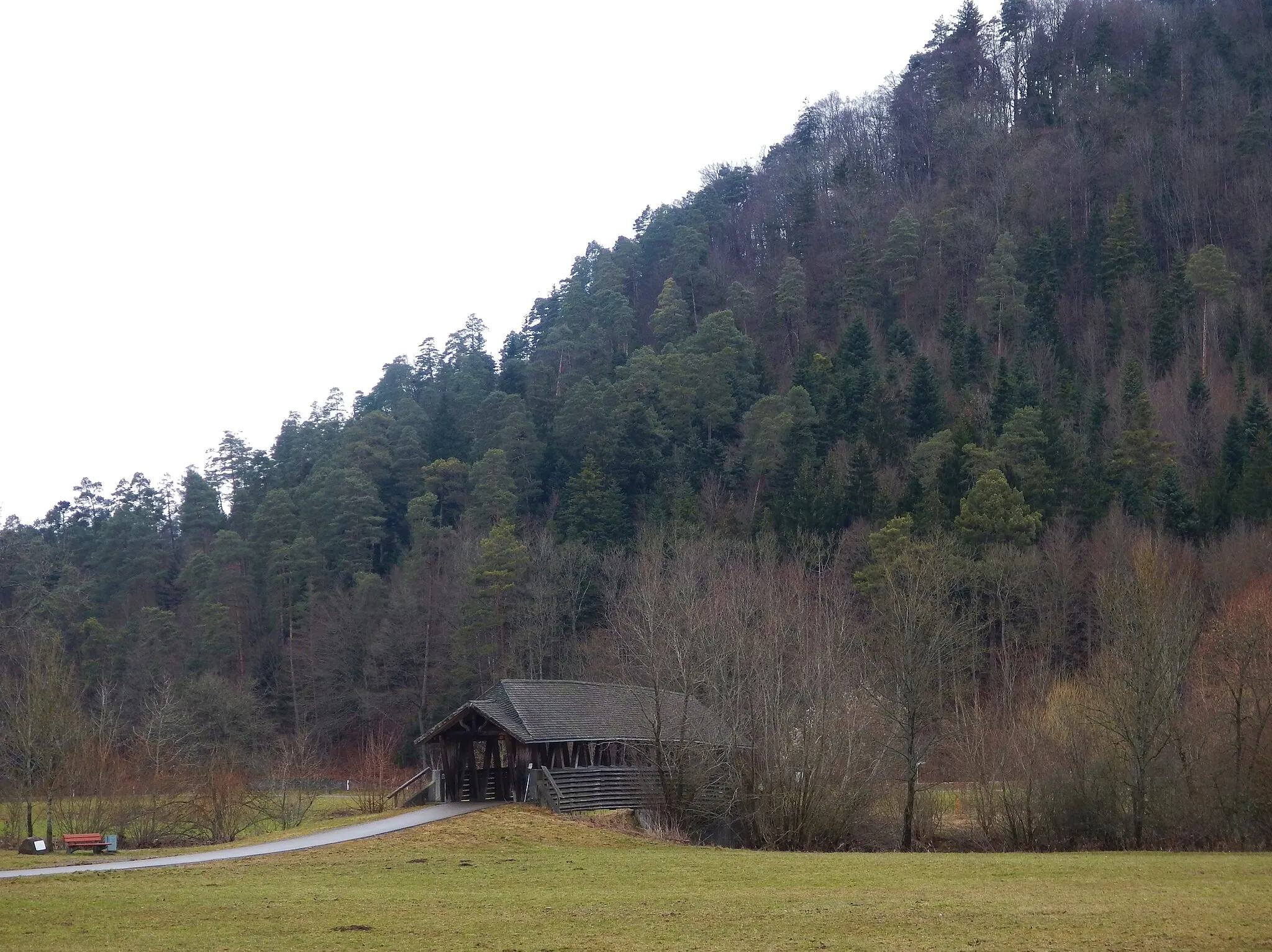 Photo showing: Beim 366 km langen Neckartalradweg: Radparadies: Neckartalweg, Burgen am oberen Neckar, Römer und Kelten am oberen Neckar: Die mit Lärchen-Holzschindeln gedeckte Schenkenberg-Brücke bei Epfendorf über den Neckar