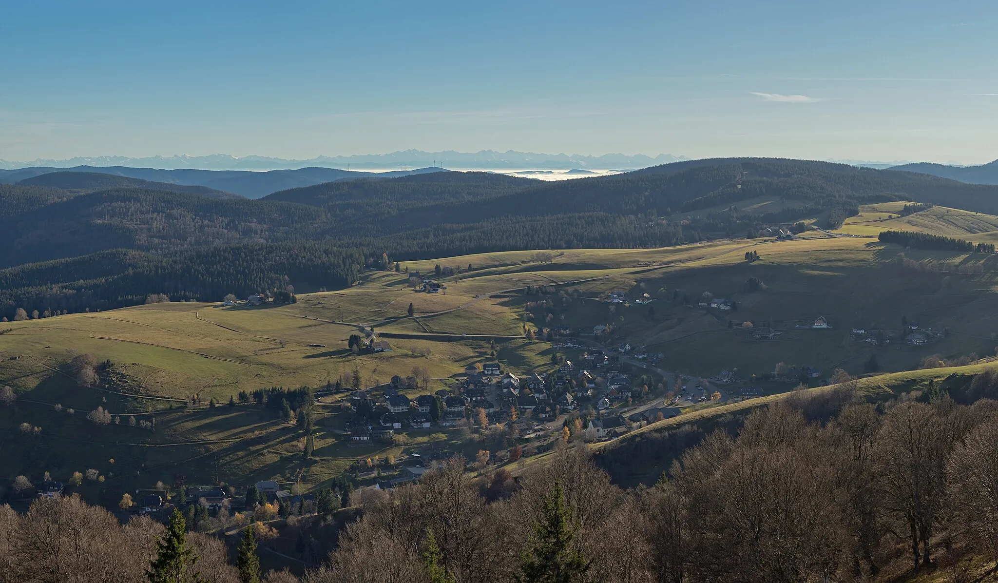 Photo showing: View from the Eugen-Keidel-Tower on the Schauinsland southward to the Swiss Alps.