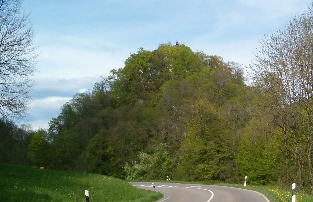 Photo showing: Blick flussaufwärts auf den Burghügel der Gutenburg im Schlüchttal.