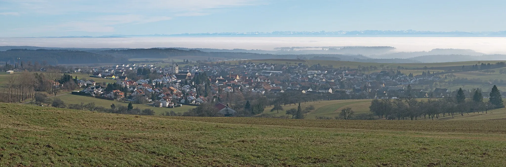 Photo showing: View from the Witthoh mountain over Emmingen to the Alps