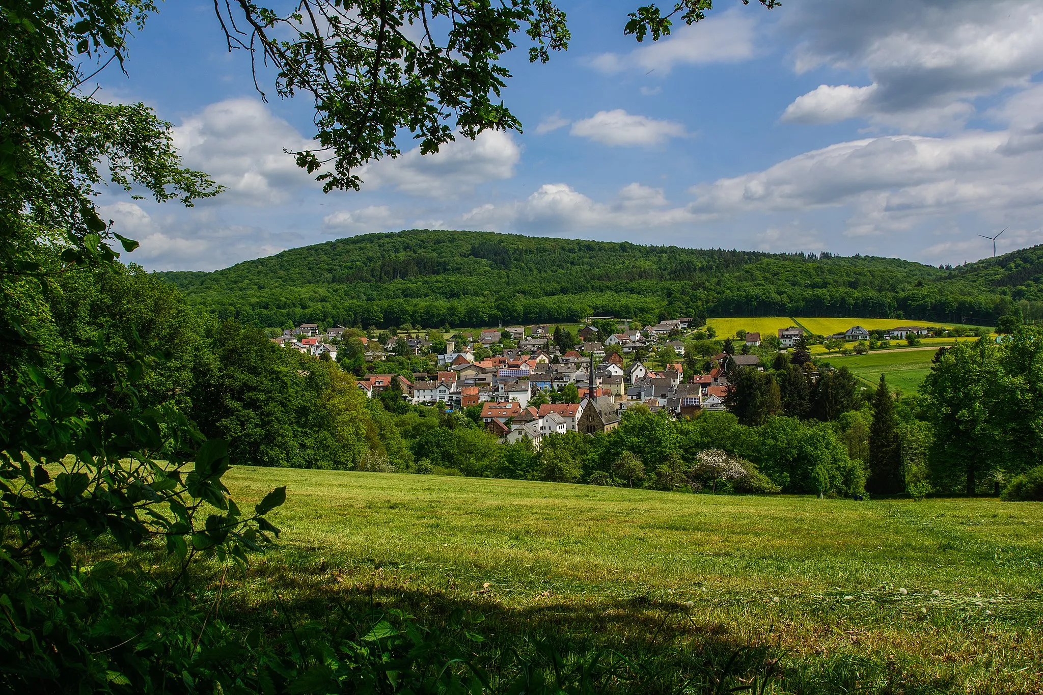 Photo showing: View towards Dombach into the Dombachtal. The valley itself is protected as Special Area of Conservation, the region on a larger scale is part of Naturpark Taunus.