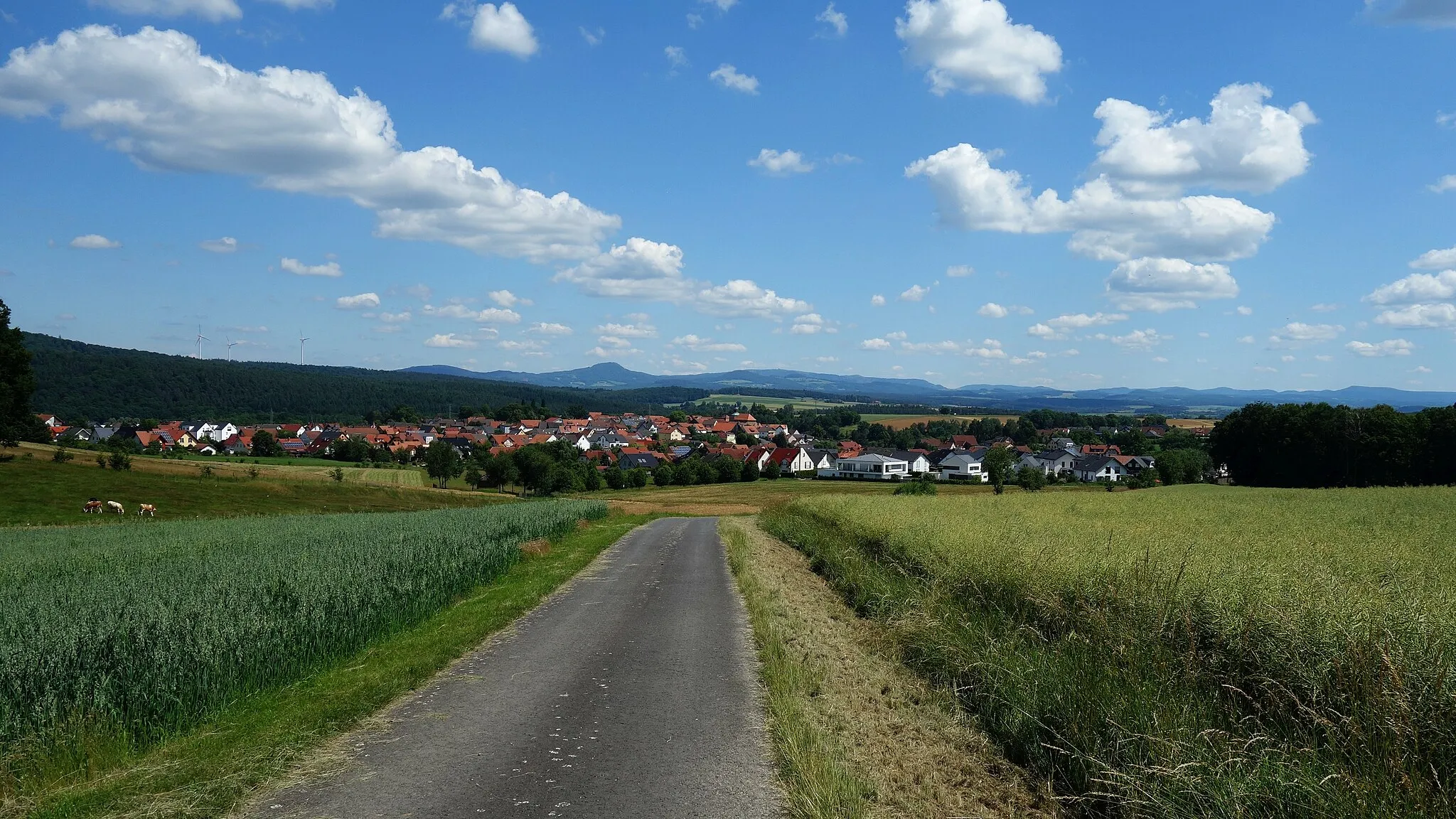 Photo showing: Blick von Nordwesten auf Marbach (Gemeinde Petersberg, Landkreis Fulda). Im Hintergrund die Rhön mit Milseburg, Wasserkuppe und Dammersfeld.