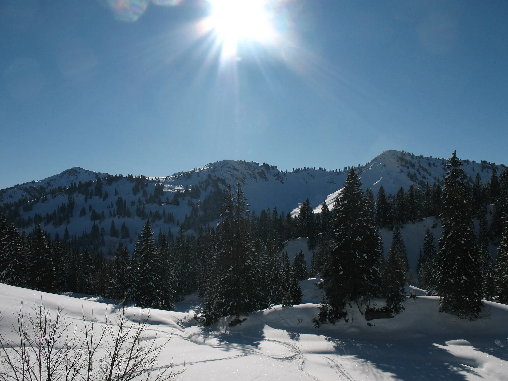 Photo showing: Blick vom Gebiet der Unteren Gelchenwangalm auf den Siplinger Kopf (1745 m), Heidenkopf (1685 m) und Girenkopf (1683 m).