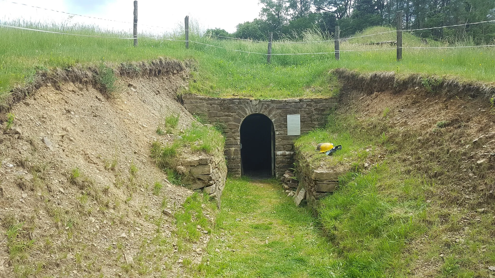 Photo showing: Stollenmundloch der Gruben Schöneberg und Wilhelmstrost bei Wilnsdorf-Wilgersdorf/NRW. Die Halde des Schachtes ist im Bild oben rechts zu erkennen.