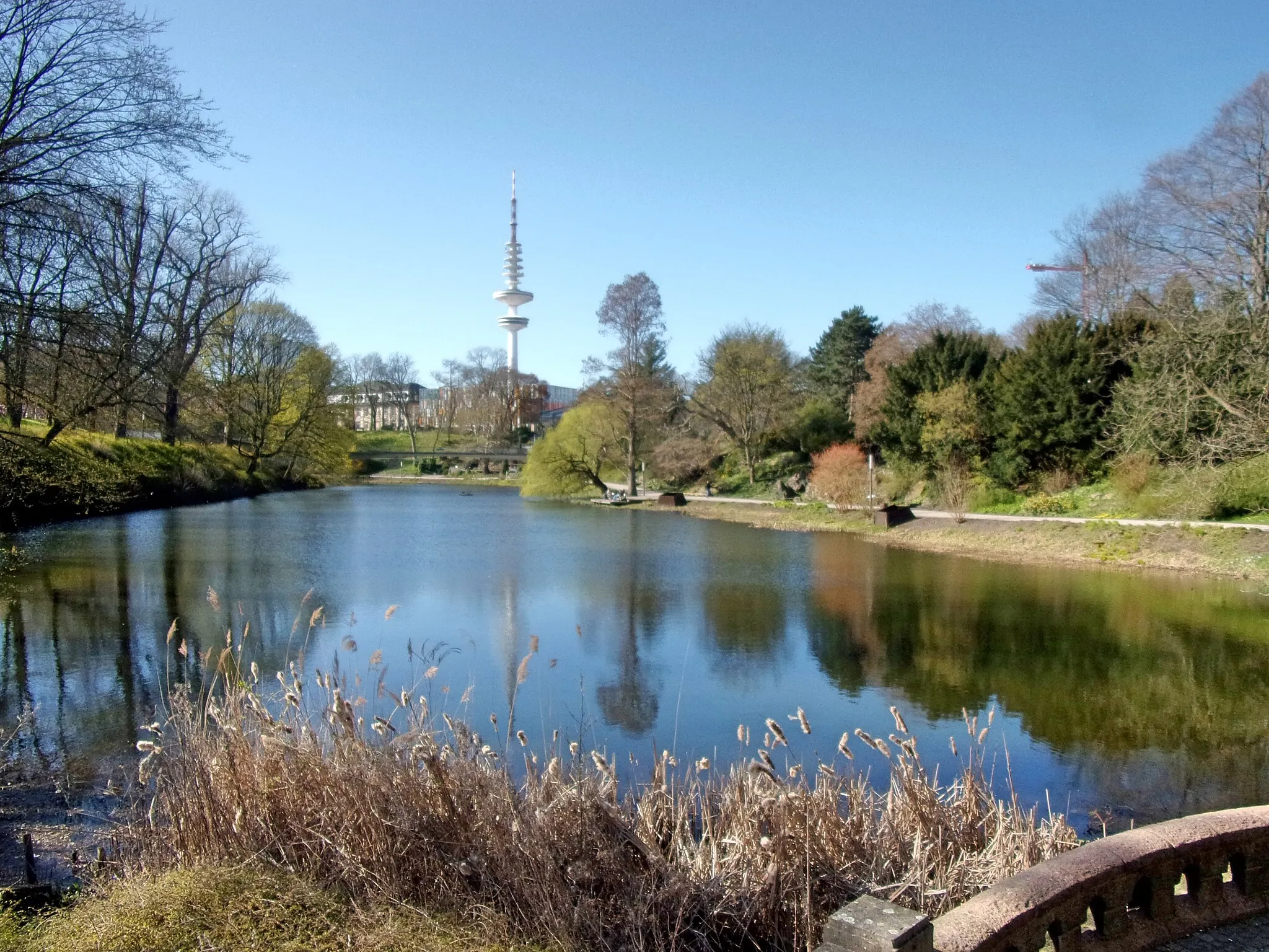 Photo showing: Der „Alte Wallgraben“ in Planten un Blomen, Alter Botanischer Garten. Im Hintergrund die Johan-van-Valckenburgh-Brücke und der Fernsehturm.