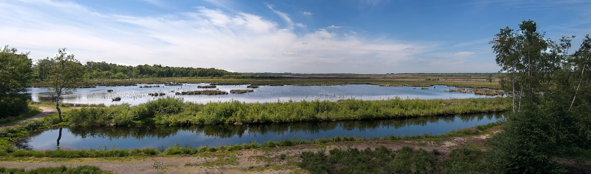 Photo showing: Panoramic view on Himmelmoor, a former bog near Quickborn, Schleswig-Holstein, Germany, photographed in direction west south west. In the front an irrigated older peat cutting trenche, in the back the actual peat cutting area.