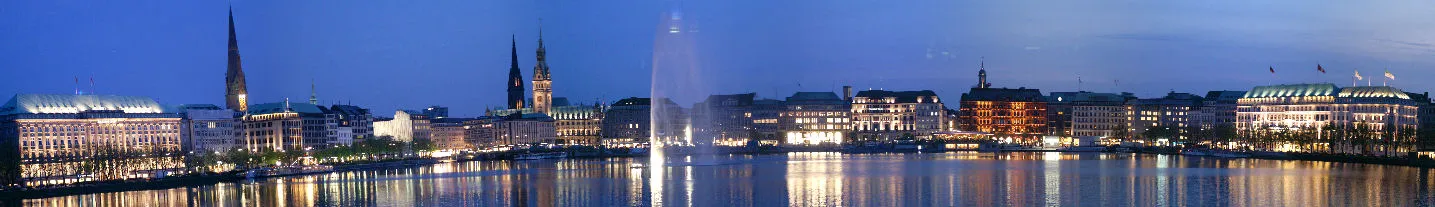 Photo showing: Hamburg, Germany: This panorama shows the Binnenalster (inner Alster) from Lombards Bridge (Lombardsbrücke) looking south. Prominent buildings from left (South-East shore): the Hapag-Lloyd AG headquarters, Tower of St. Petri, Tower of St. Katharinen, Tower and north-west side of the Hamburg City Hall (Hamburger Rathauses). In the centre of the image is the Alster Fountain, slightly to the right of it are the bright first floor windows of the Alsterhaus department store. The reddish building is the Hotel Hamburger Hof. To the right — the western side of the inner Alster — is the Four Seasons Hotel. The Kleine Alster (Small Alster) goes in front of the City Hall and joins the River Elbe to the south. From there to the Four Seasons Hotel is the Jungfernsieg (a road), and the hotel itself is on the Neuen (New) Jungfernstieg, where it meets the Jungfernstieg.