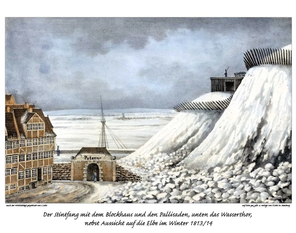 Photo showing: Der Stintfang mit dem Blockhaus und den Pallisaden, unten das Wasserthor, nebst Aussicht auf die Elbe im Winter 1813/14, Zeichnung von C. Suhr, Lithogr. von P. Suhr
