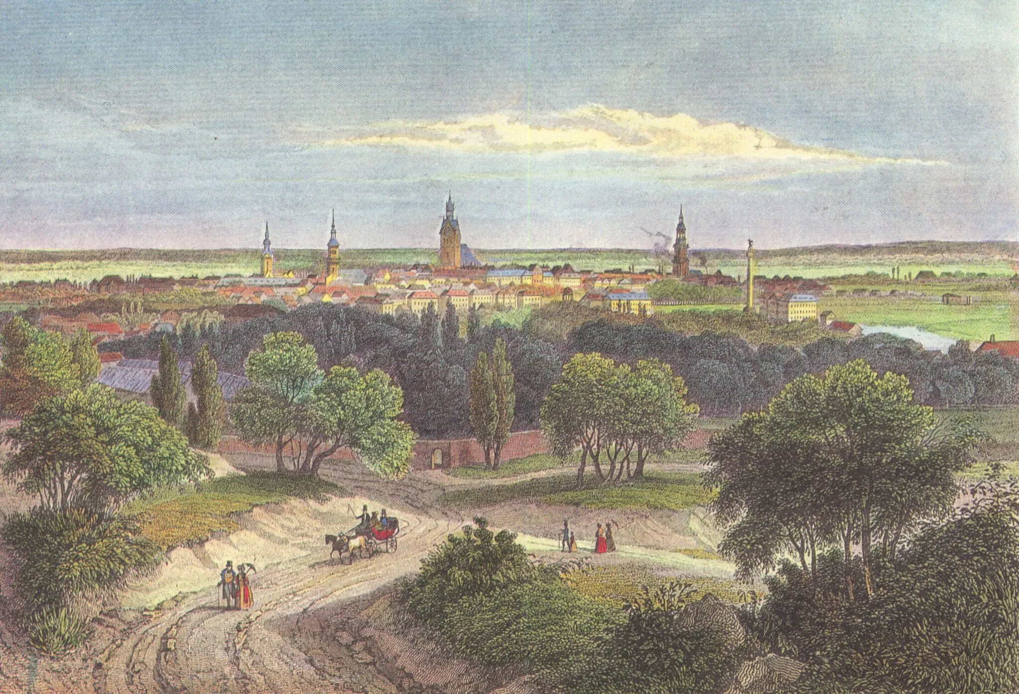 Photo showing: Blick vom Lindener Berg m Südwesten über der Stadt Hannover; angeblich kolorierter Stahlstich von Louis Hoffmeister nach einer Vorlage von Georg Osterwald