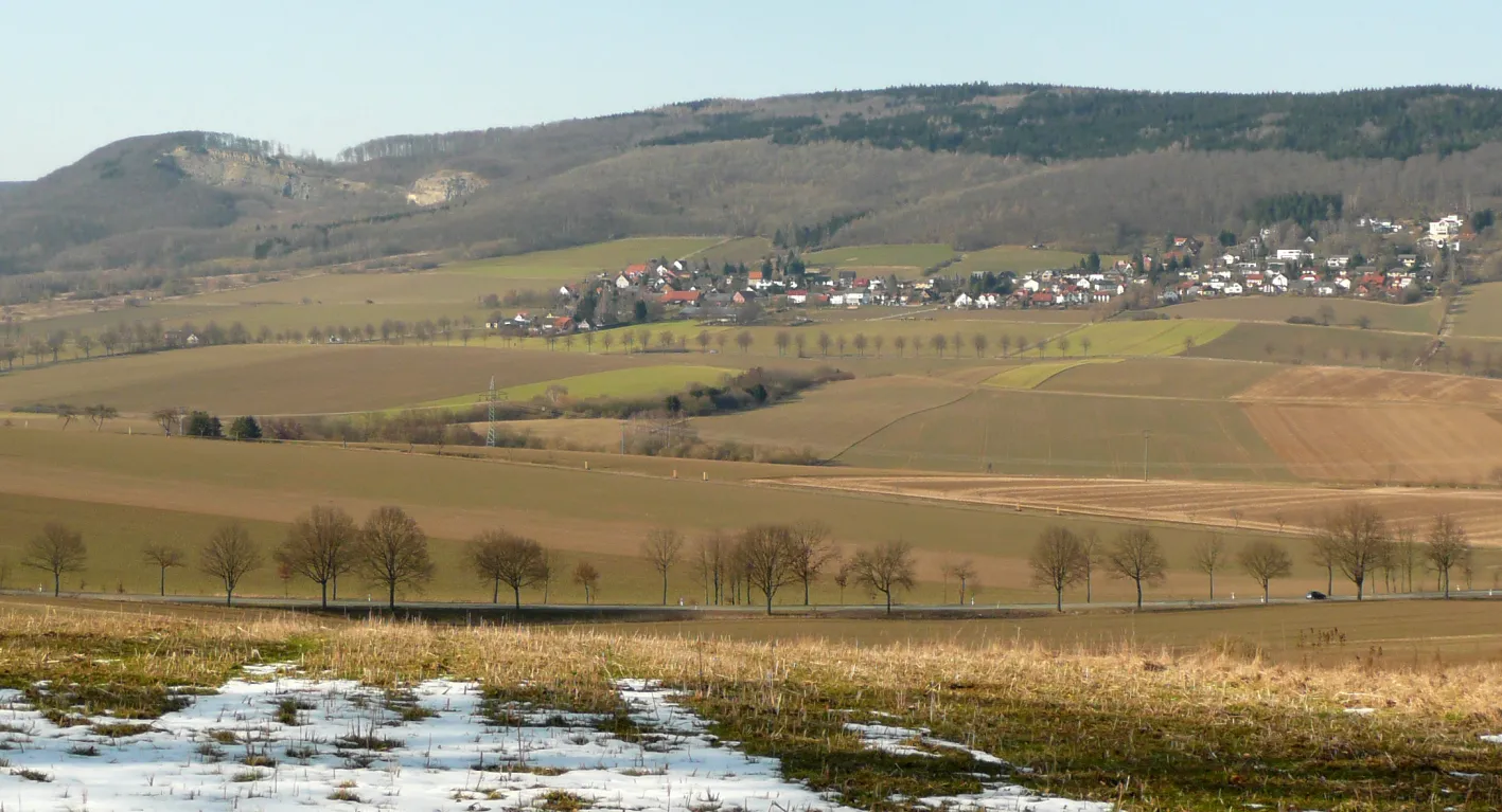 Photo showing: Blick vom Schweineberg bei Holtensen auf Welliehausen und dahinter der Süntel mit der Hohen Egge