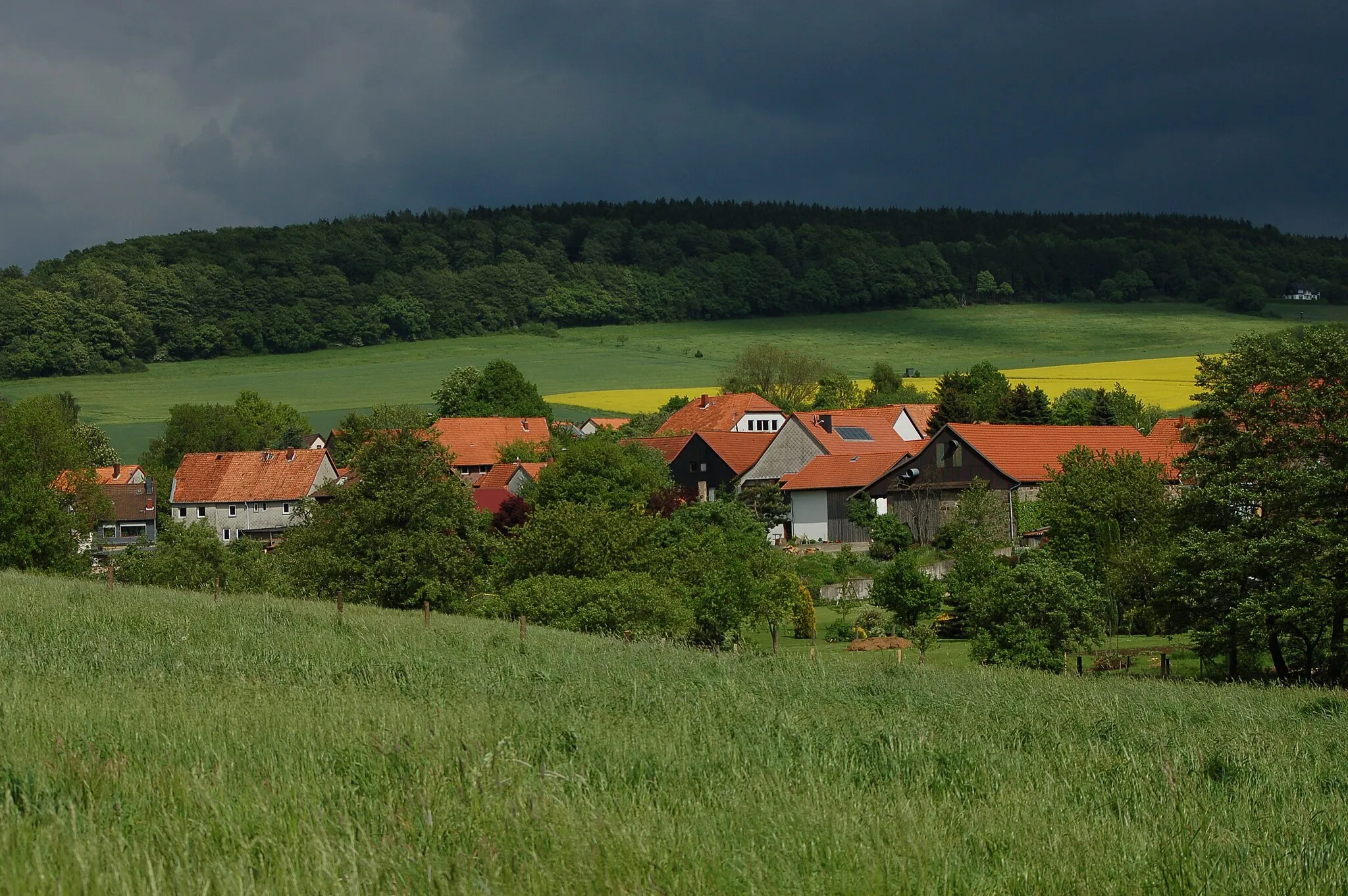Photo showing: Blick über Dörpe vom Ruhbrink über den Gelbbach (nicht sichtbar in der Senke) und das Dörper Oberdorf zum Osterwald
