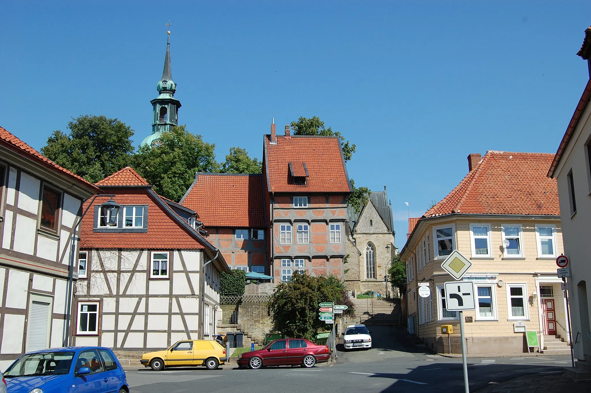 Photo showing: In the very center a churchly building (german: Superintendentur) in Bockenem with the "St. Pankratius" church in the background