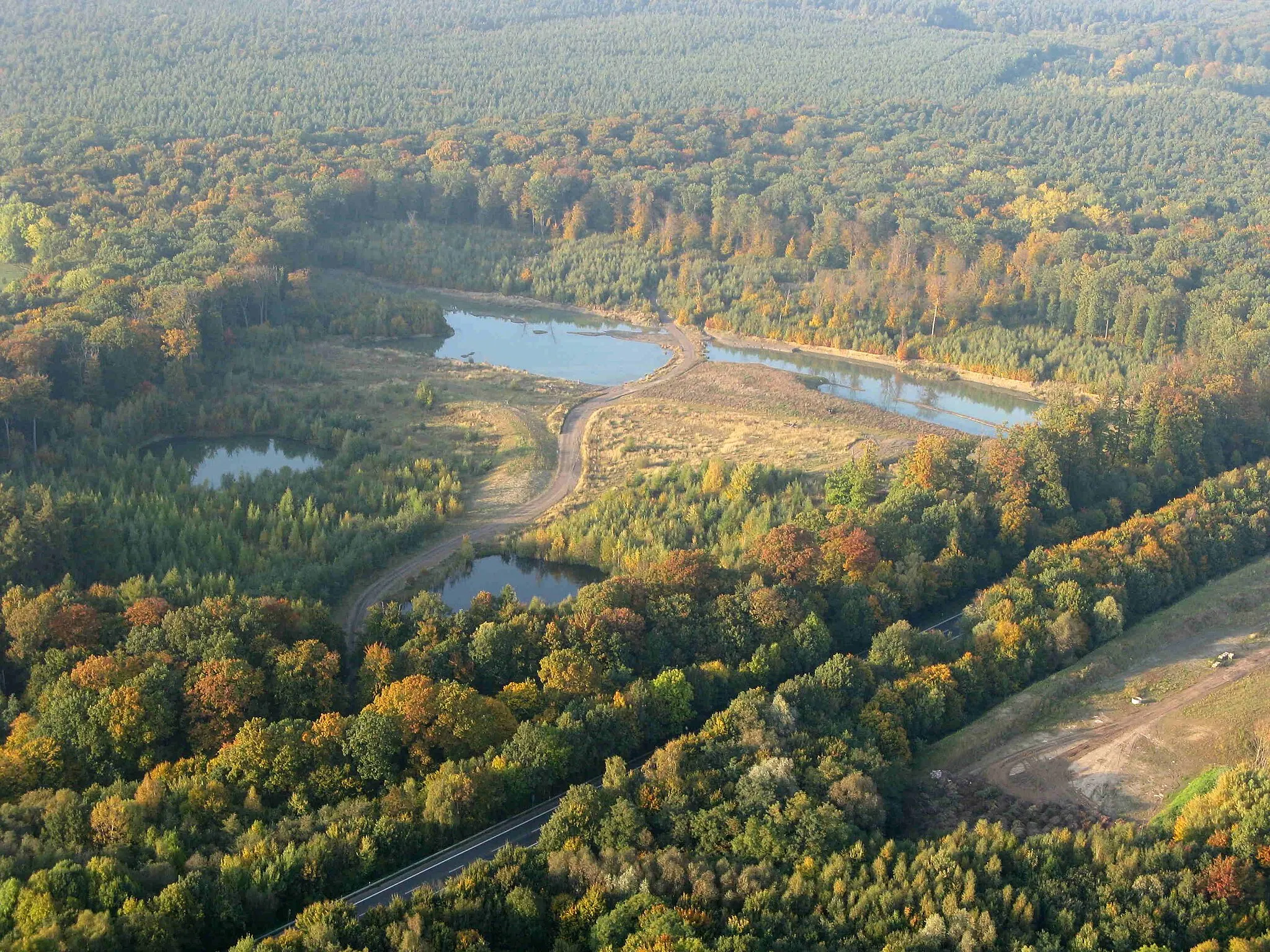 Photo showing: Luftaufnahme des Naturschutzgebietes Kohbrink zwischen Minden und Petershagen in Nordrhein-Westfalen. Im Bildvordergrund die Bundesstraße 61. Im Hintergrund das Waldgebiet und Naturschutzgebiet Heisterholz.