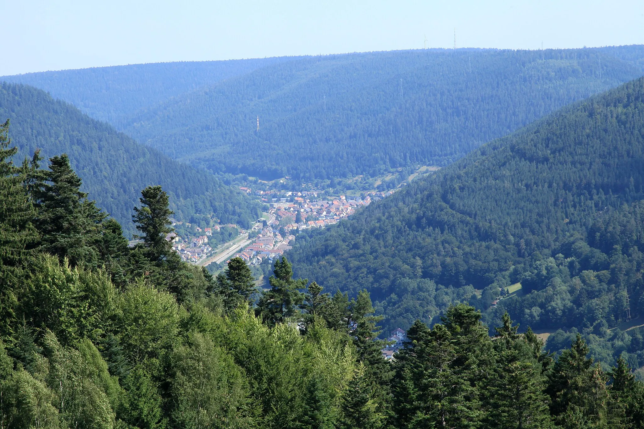 Photo showing: Blick vom Sommerberg-Hotel auf Calmbach, Bad Wildbad; im Hintergrund Masten der Anlage 615 (Enztalkreuzung)