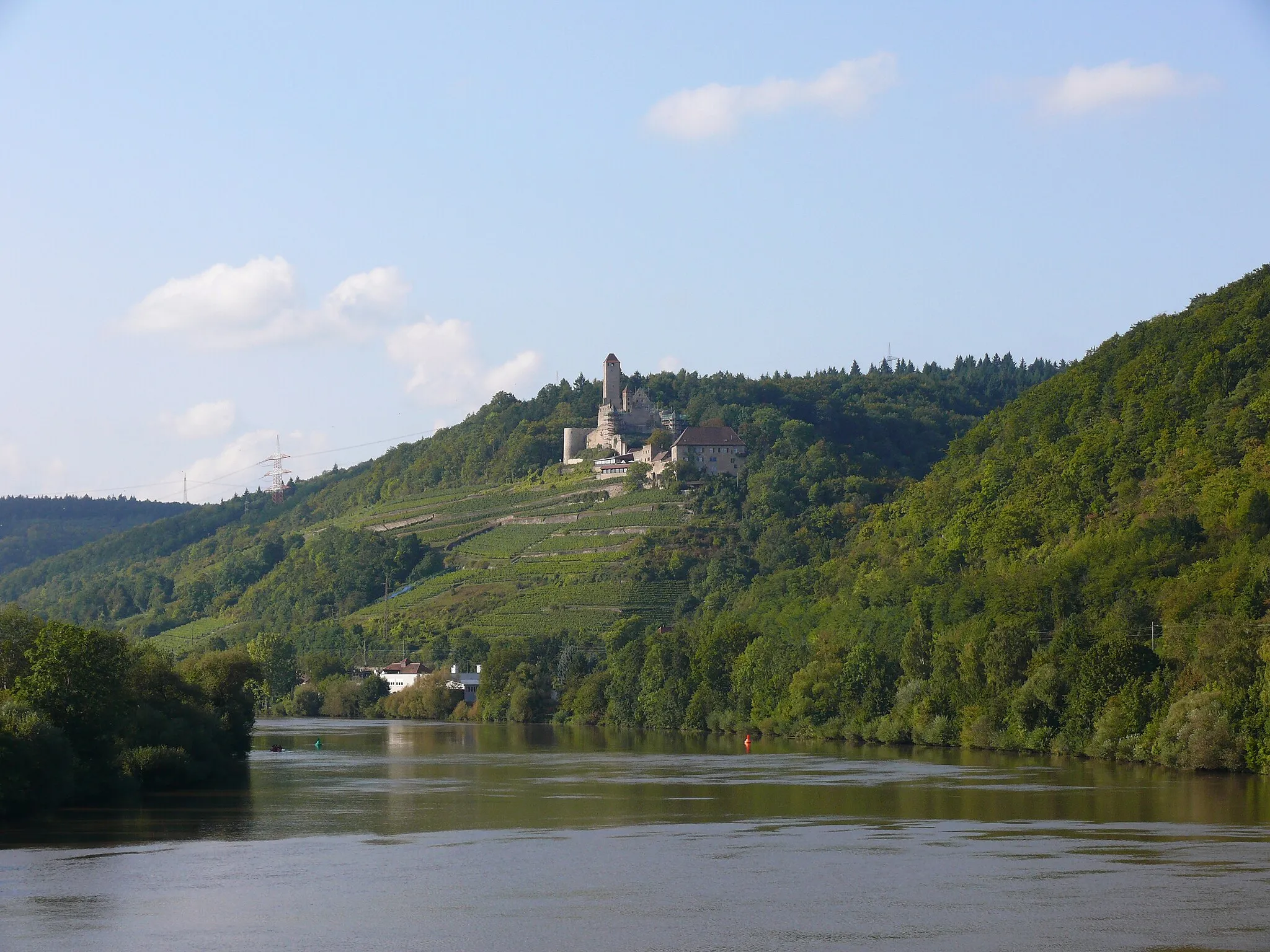 Photo showing: Burg Hornberg über dem Neckartal oberhalb des Ortes Neckarzimmern, fotografiert vom Neckarsteg in Haßmersheim