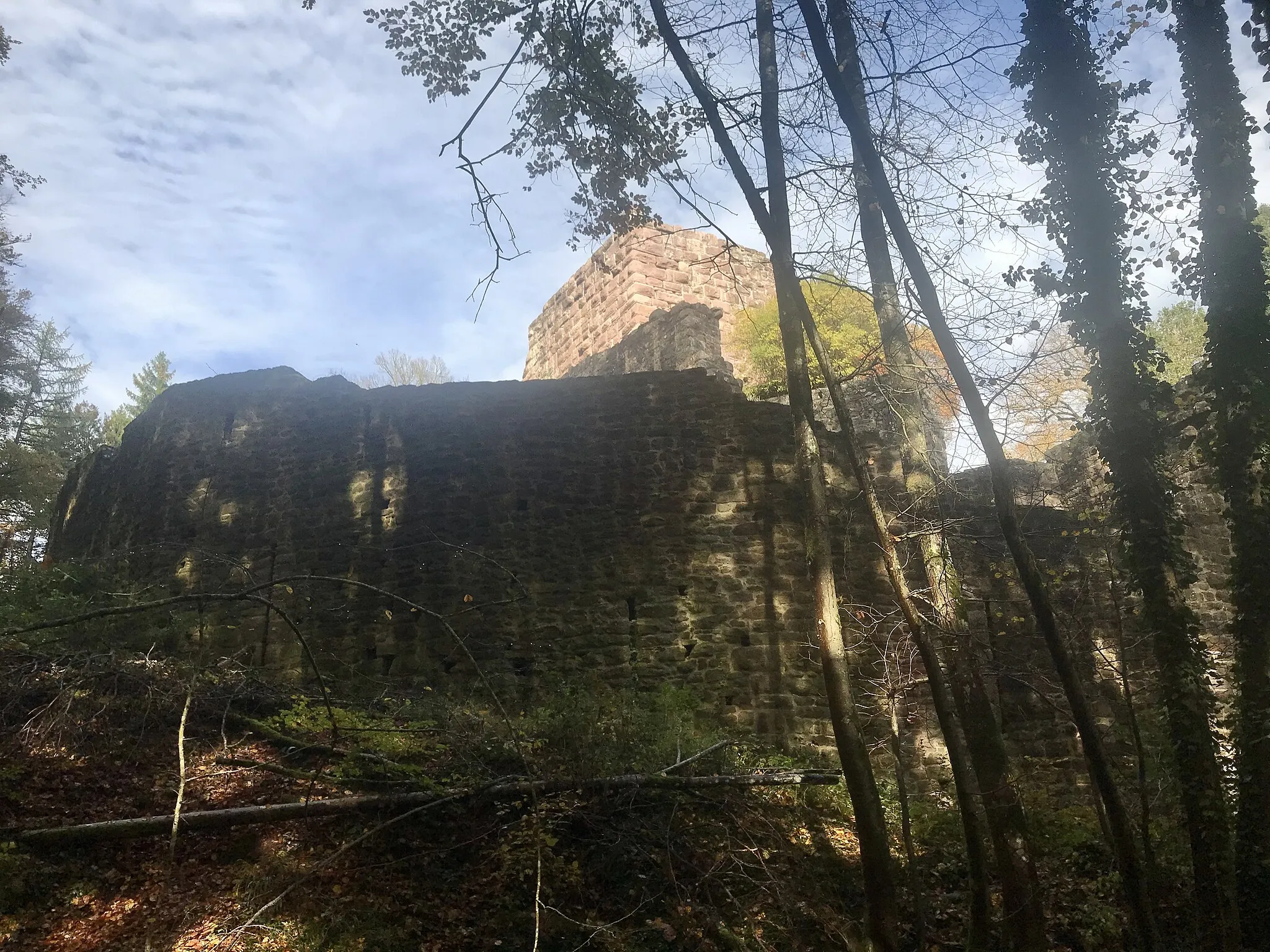 Photo showing: Von den Burgen auf dem Sporn westlich der Ruine Waldeck sind nur noch Grundmauerreste, teilweise in Buckelquaderwerk, erhalten. Die Ruine selbst zeigt auf dem zentralen Felsen Reste eines kompakten Baus, bestehend aus einem Wohngebäude und dem Bergfried