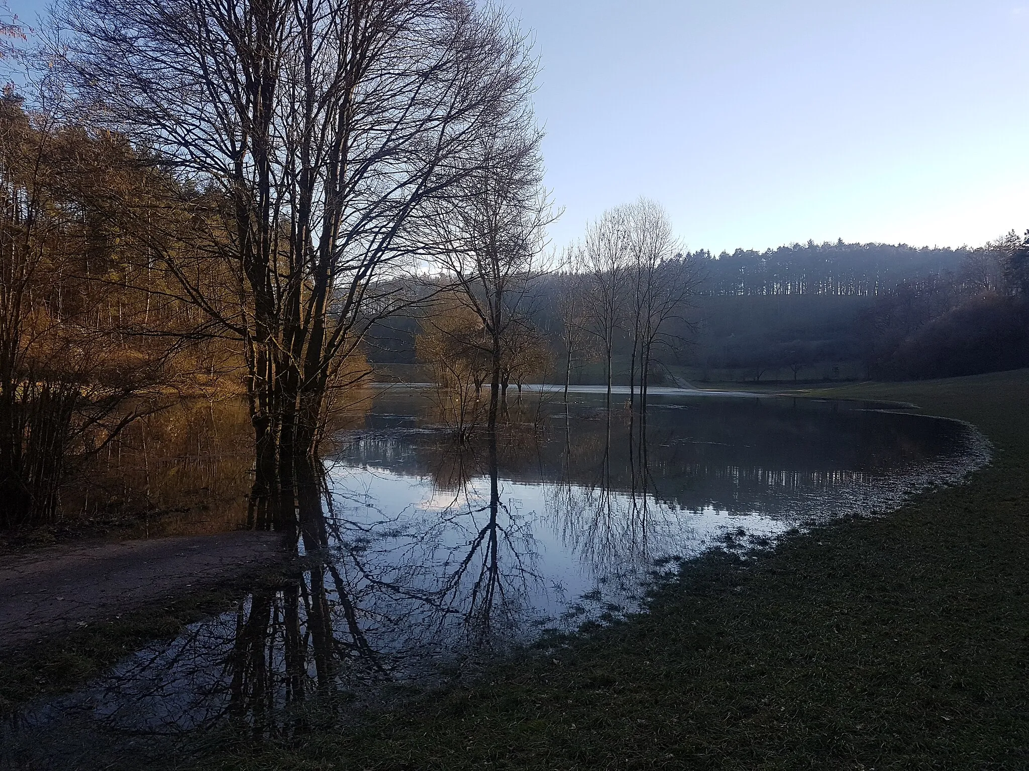 Photo showing: Aufgestautes Wasser im Hochwasserrückhaltebecken Kupprichhausen. Ein kleiner Teil des Schüpfbachtalradweges steht unter Wasser.