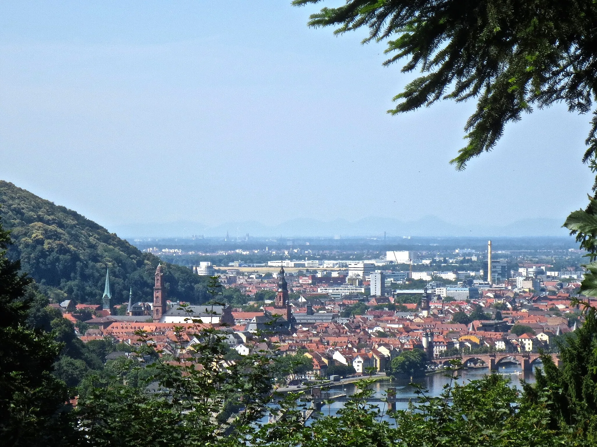 Photo showing: Heidelberg Panorama von der Heidelberger Altstadt über den Gaisberg bis zu den Vogesen, jenseits der Rheinebene am Horizont, Aufnahme vom höchsten Punkt in Ziegelhausen
