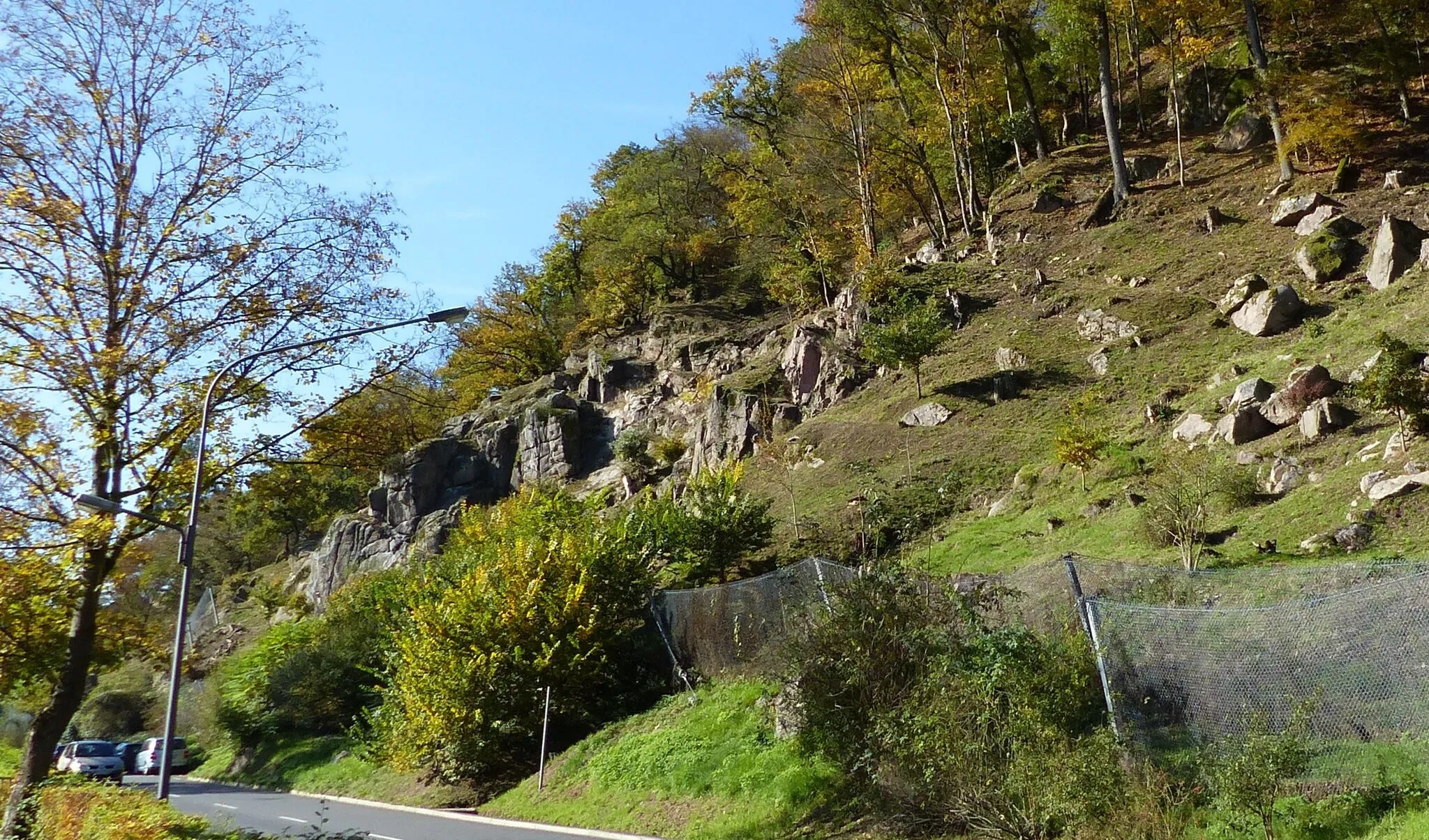 Photo showing: Geschützte Felsengruppe NSG Russenstein an der Ziegelhäuser Landstraße (L534) zwischen den Heidelberger Stadtteilen Neuenheim und Ziegelhausen.