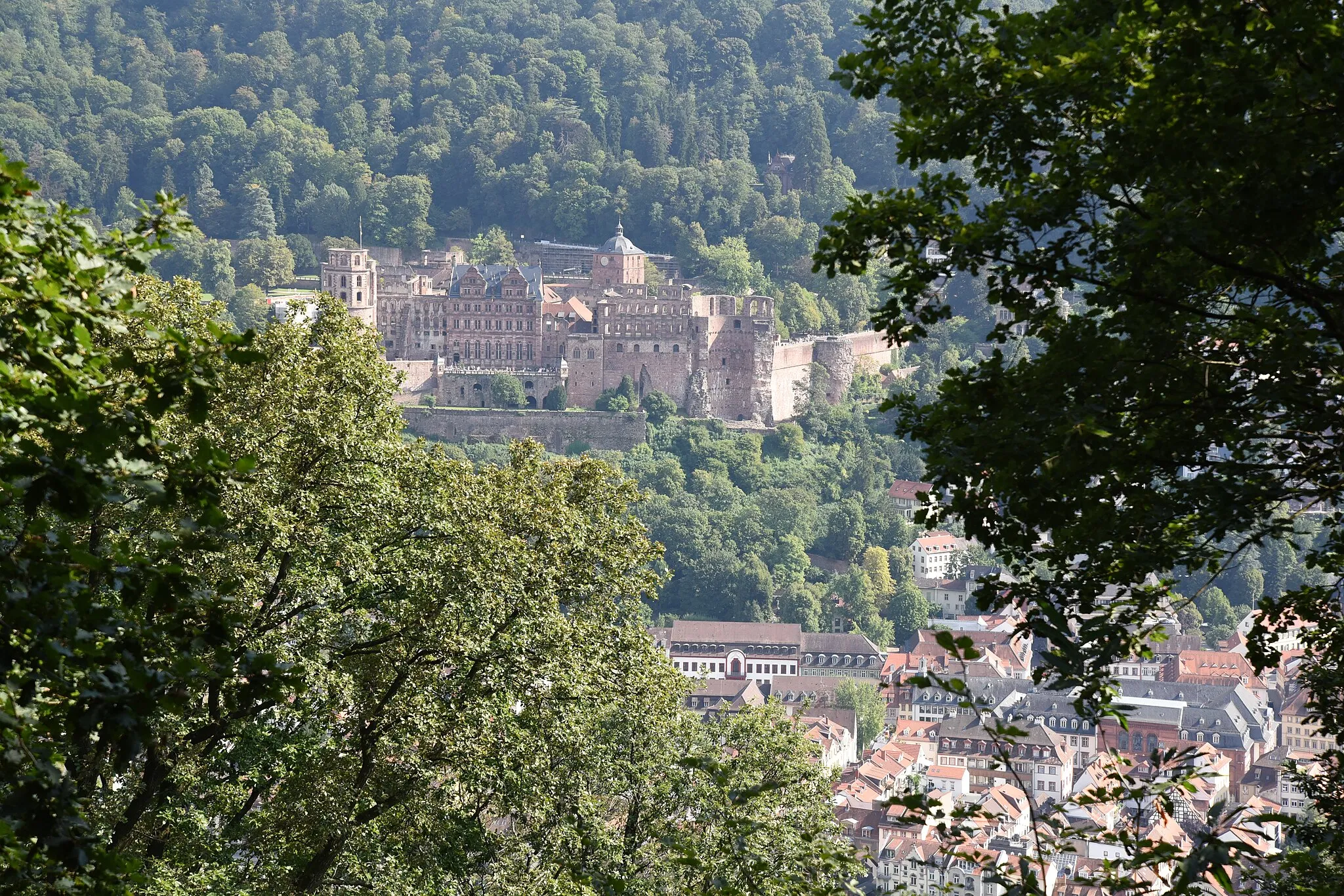 Photo showing: View onto the North face of the Heidelberg Castle while standing on the Meriankanzel on the Heiligenberg (Heidelberg, Germany)