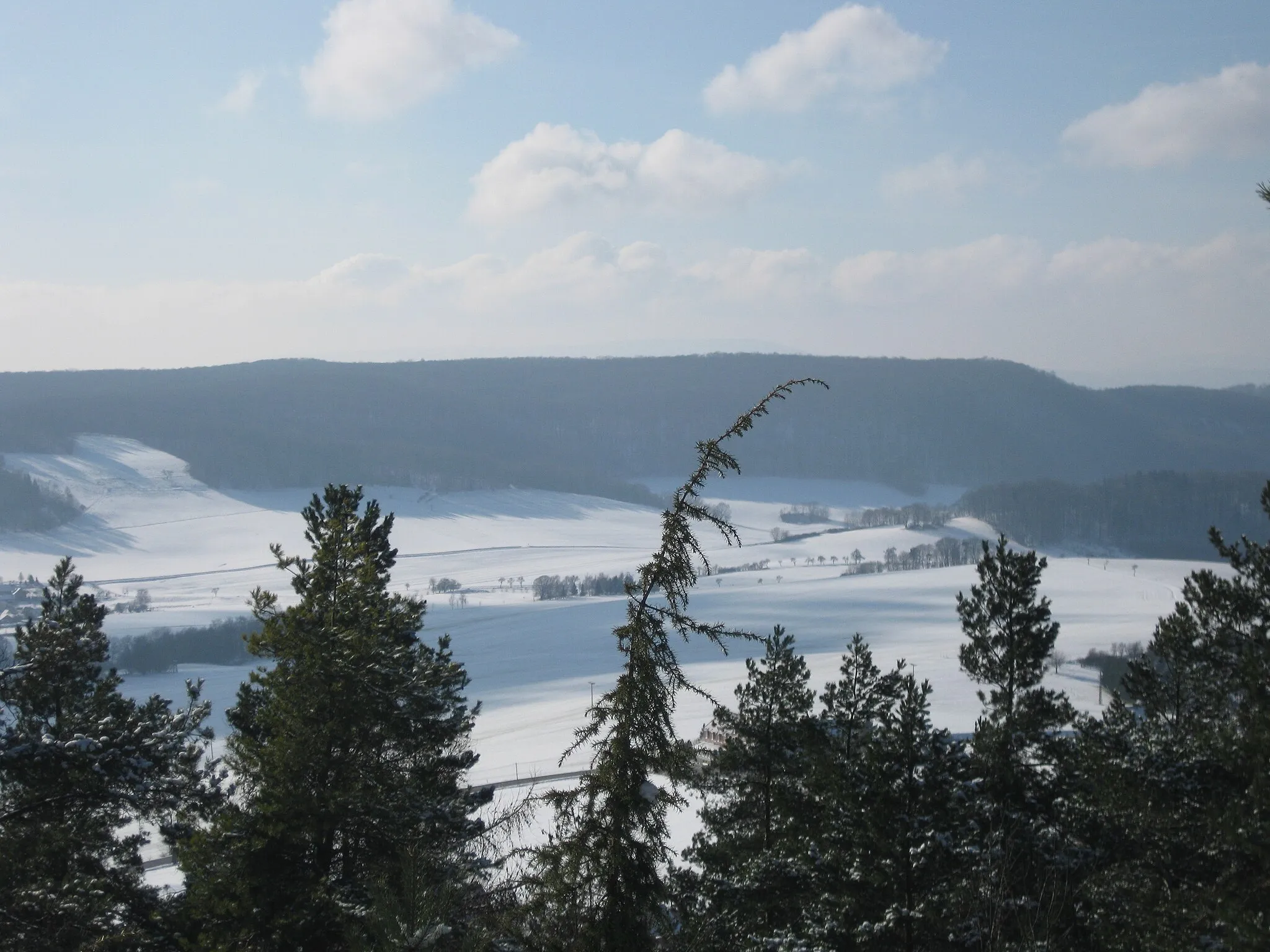 Photo showing: Der Rachelsberg im Winter bei Schwobfeld aus Richtung Dieteröder Klippen gesehen