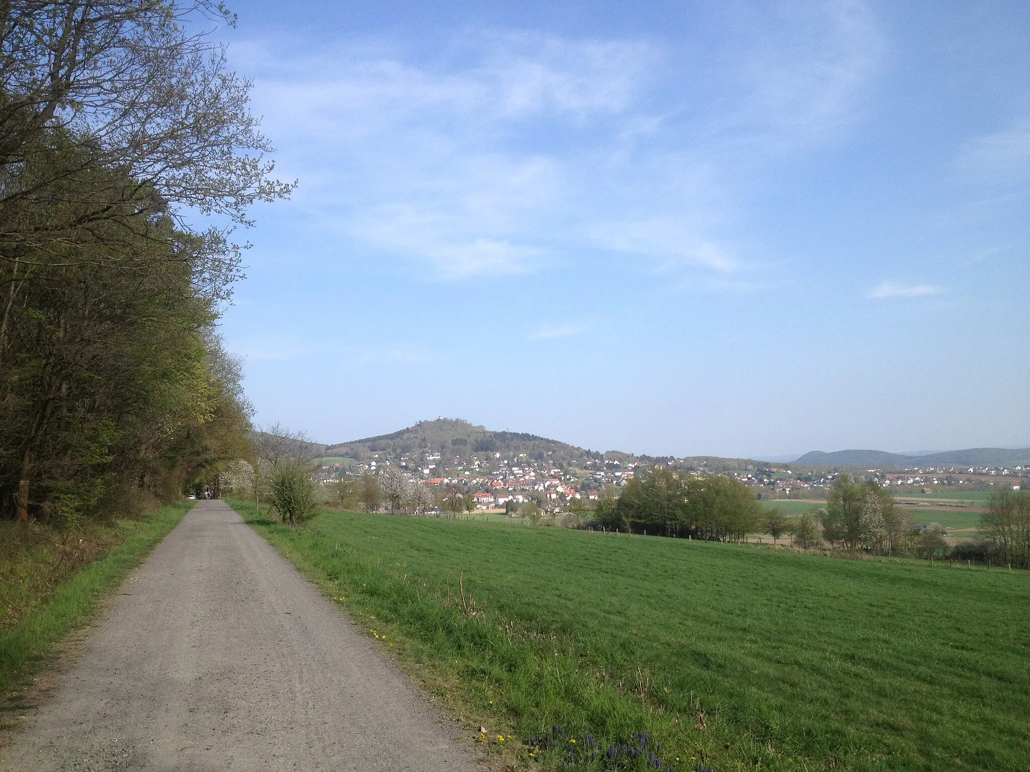 Photo showing: Verschiedene Wanderwege, darunter der Habichtswaldsteig und der Ederseeweg, südlich der Altenburg mit Blick auf Niedenstein