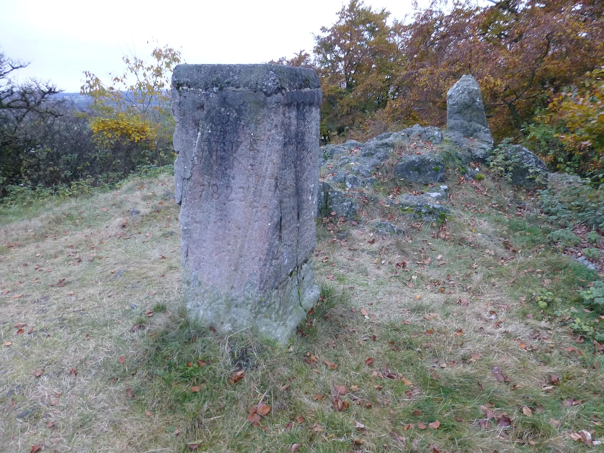 Photo showing: Felsen am Gipfel des Knüllköpfchens; davor ein historischer Vermessungspunkt