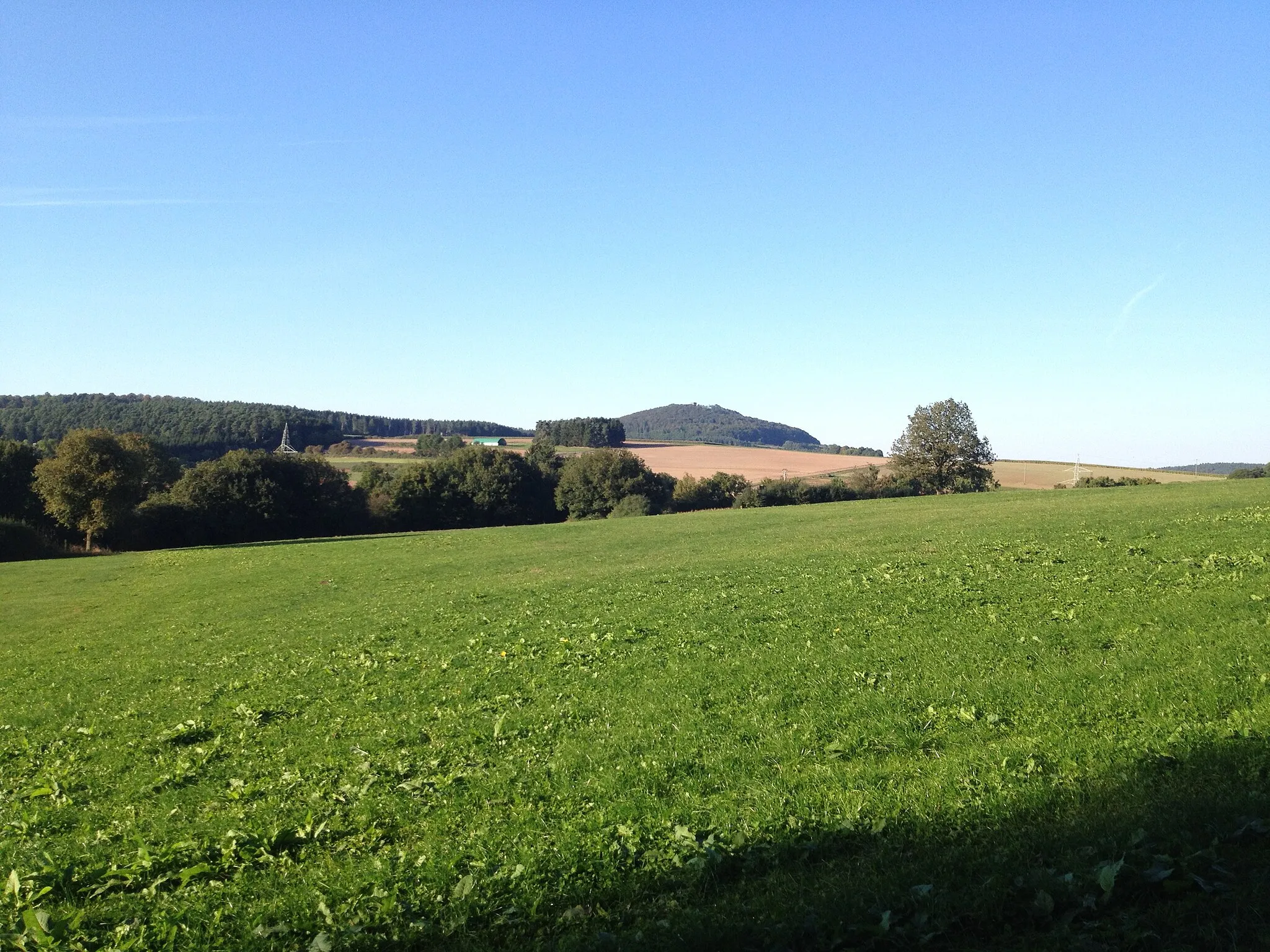 Photo showing: Blick vom Habichtswaldsteig westlich von Naumburg (Hessen) auf den Weidelsberg mit Weidelsburg