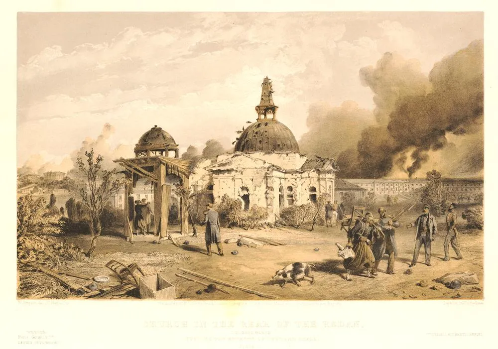 Photo showing: Ruined church and wooden bell-housing, seen against a background of smoke from the burning dockyard behind the Arsenal building; second series, plate 21.  1855
Lithograph