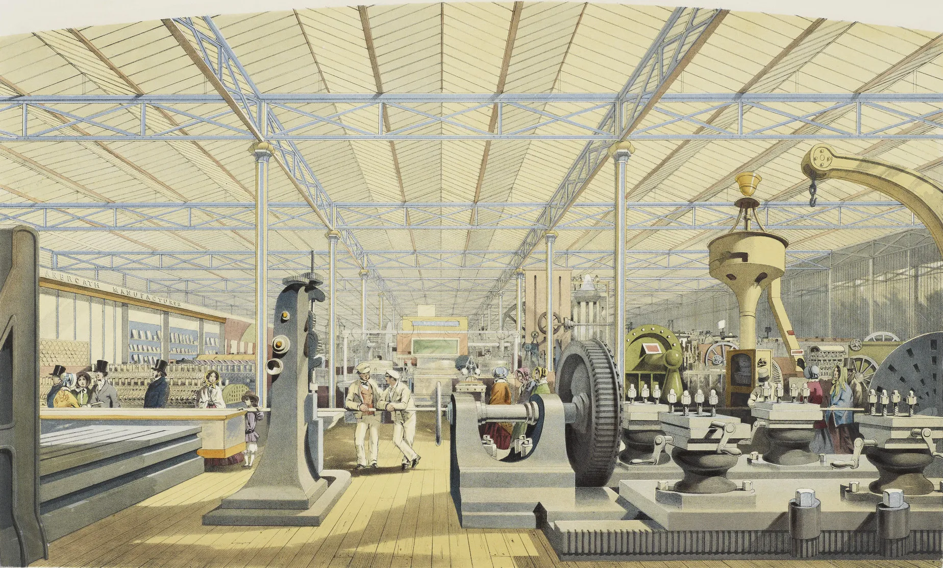 Photo showing: A view from The Great Exhibition of 1851.
" Objects Prominent -- Sketch taken from Whitworth's Stand of Machine Tools, for Planing, Slotting, Drilling, Boring, &c.; and introducing Fairbairn's Corn-mill, Wrought-iron Crane, Garforth's Rivetting Machine -- Johnson's Wire-drawing Machinery -- Gardner's Spinning Machinery -- Watkins's Coining Press -- Appold's Pump"