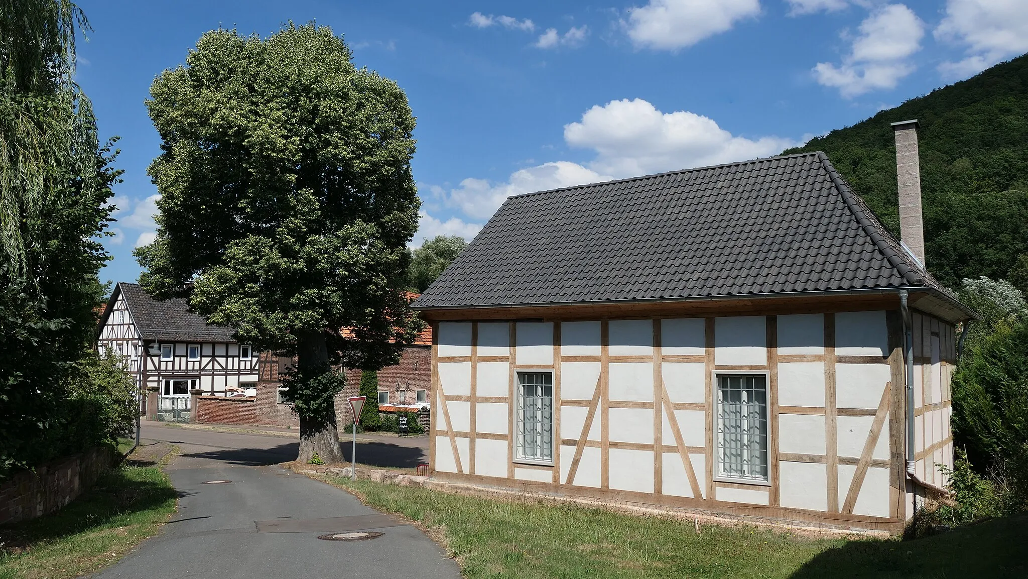 Photo showing: Die Angerlinde in Bernsdorf ist ein ausgewiesenes Naturdenkmal im nordhessischen Werra-Meißner-Kreis. Sie steht in der früheren Ortsmitte von Bernsdorf, dem westlichsten der beiden kleinen Vorgängerorte der im Jahr 1936 gebildeten Gemeinde Vierbach. Nach der Zusammenlegung wurde die Kirche von Wipperode zum Gotteshaus für die gesamte Vierbacher Gemeinde, während die kleine ehemalige Pfarrkirche von Bernsdorf in den 1930er Jahren entweiht und als Lagerschuppen genutzt wurde, bevor in den 2010er Jahren die neuen Besitzer begannen, sie zu einer Art Loftwohnung auszubauen.
In der Liste der Naturdenkmale des Werra-Meißner-Kreises hat die Linde die Nummer ND 636.600 mit dem Ausweisungsdatum 29. Dezember 1936. Als Teil einer der beiden Gesamtanlagen Vierbachs stehen Linde und Kirche aus geschichtlichen Gründen unter Denkmalschutz.