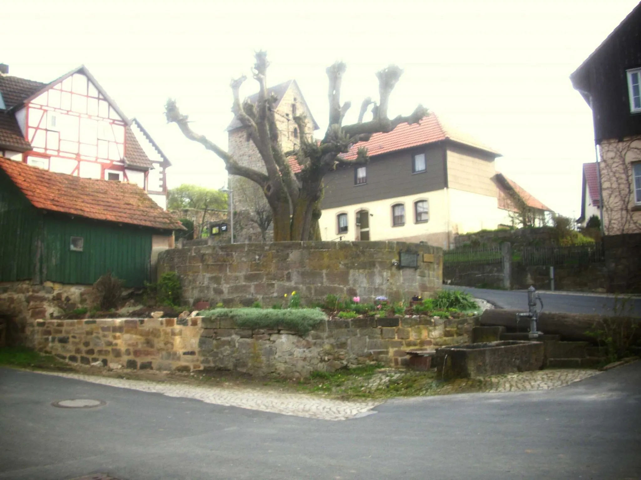 Photo showing: Retterode – (Kreis  Werra-Meissner; Bundesland Hessen); Retterode-Ansicht von Südwesten mit Gerichtsplatz (Steinring mit Linde von 1750) im Vorfeld und Kirche-03052013