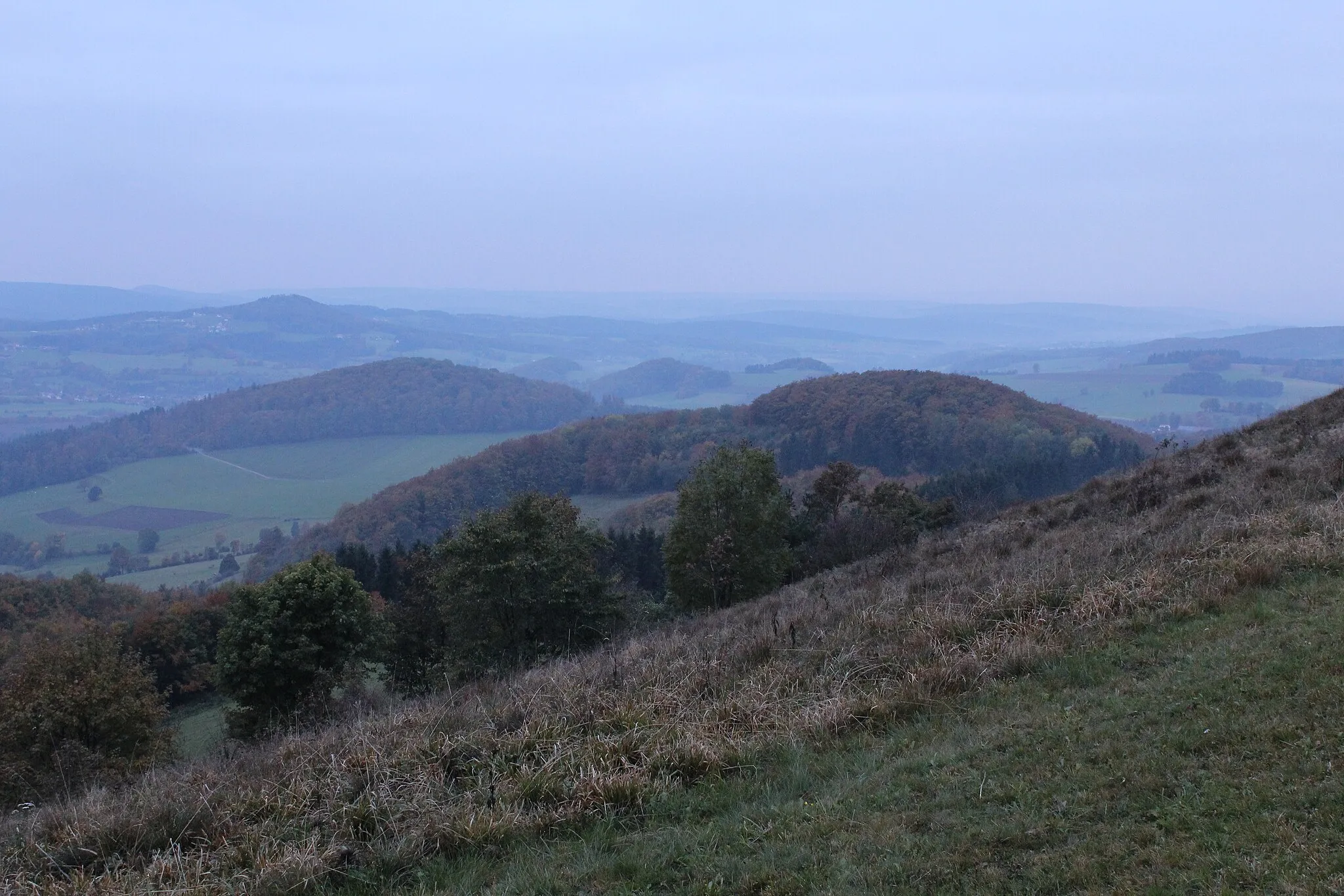 Photo showing: Blick vom Weiherberg südwestwärts zur Heidigkuppe bei Sieblos (rechts) und zum Schwarzenhauck bei Tränkhof (links)